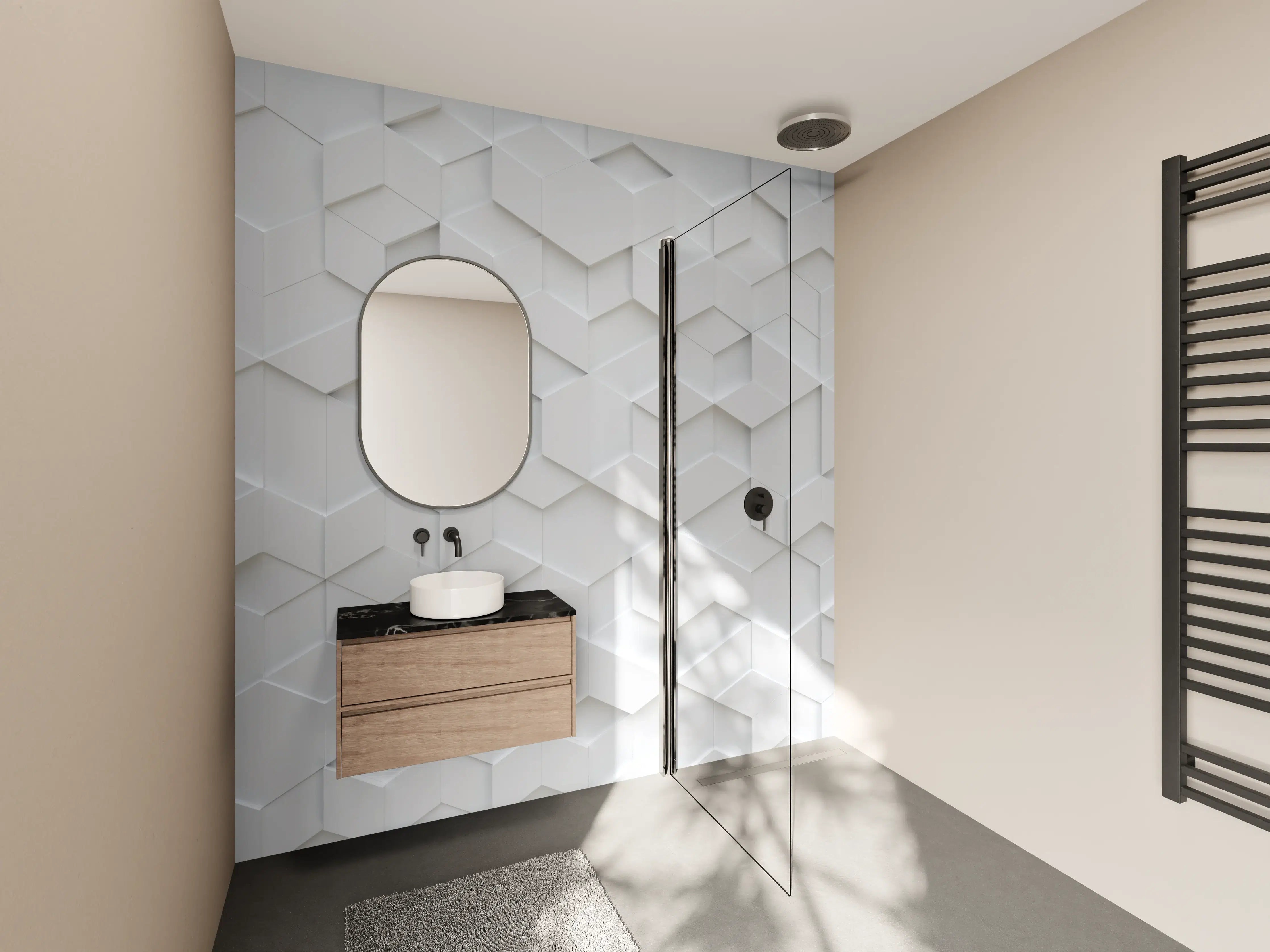 Wandverkleidung Bad - Graue 3D-Geometriewandpaneele