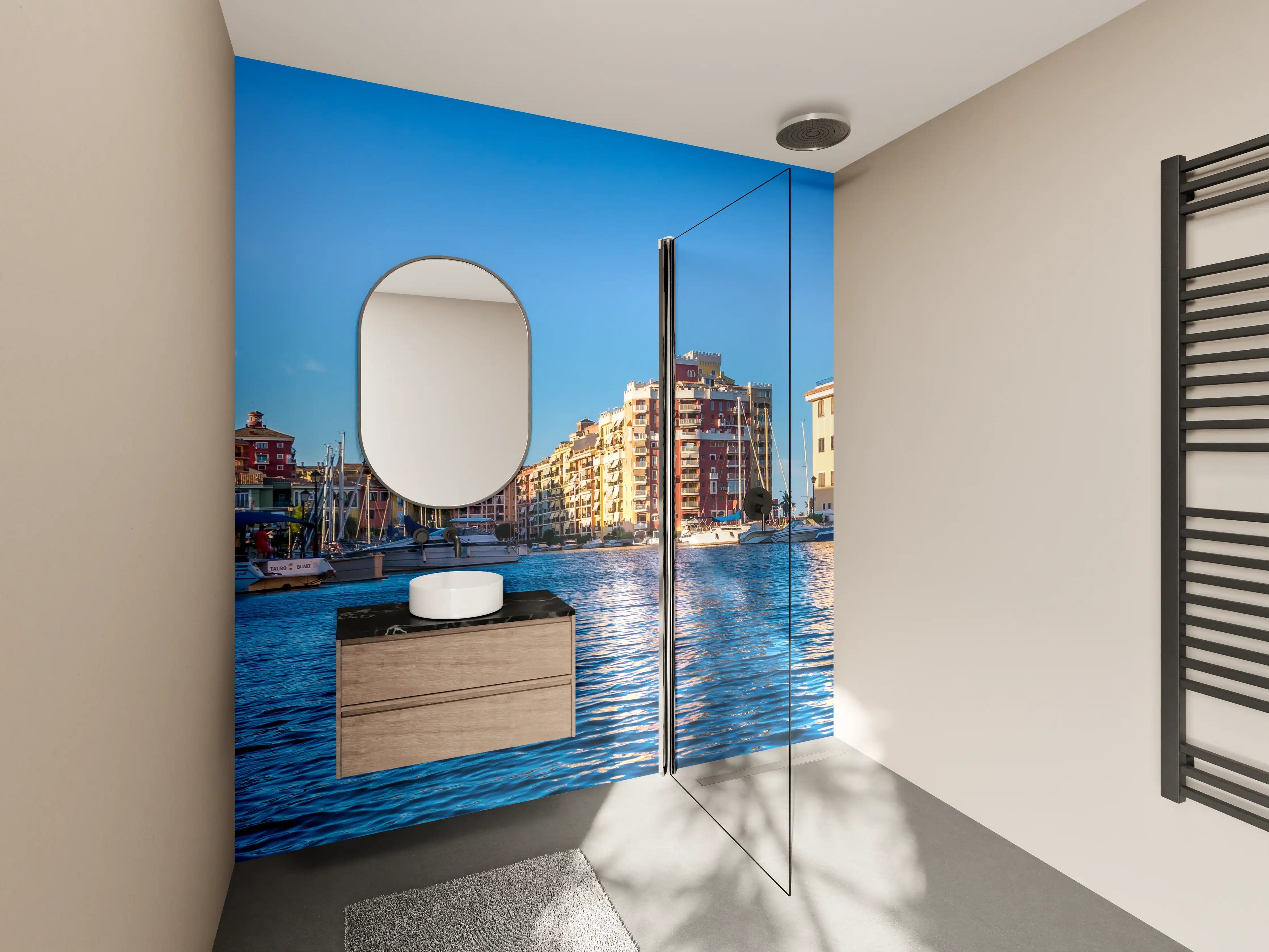 Wandverkleidung Bad - Graue Abendstimmung am Hafen