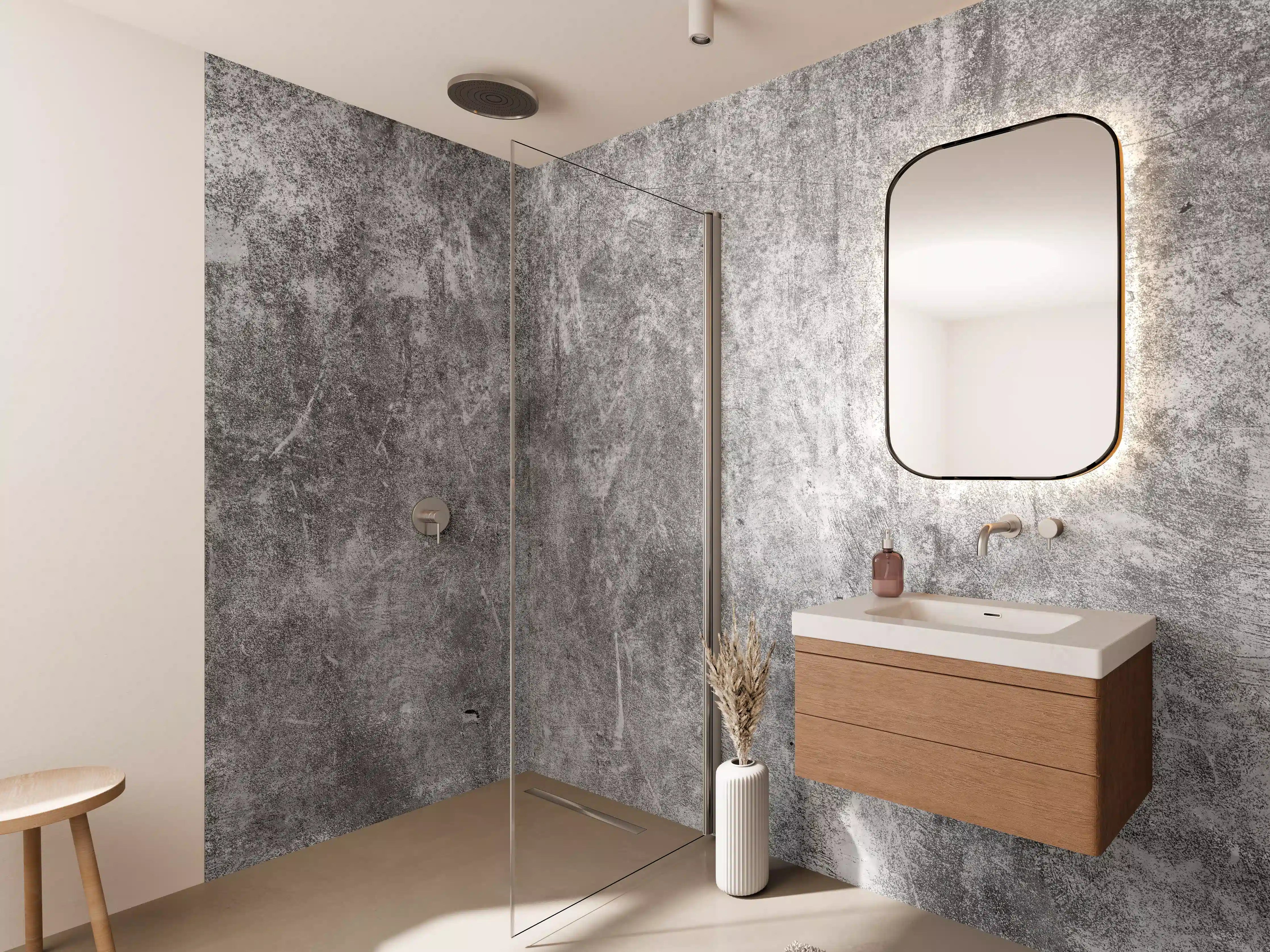 Wandverkleidung Bad - Graue Betontextur mit rostigem Look