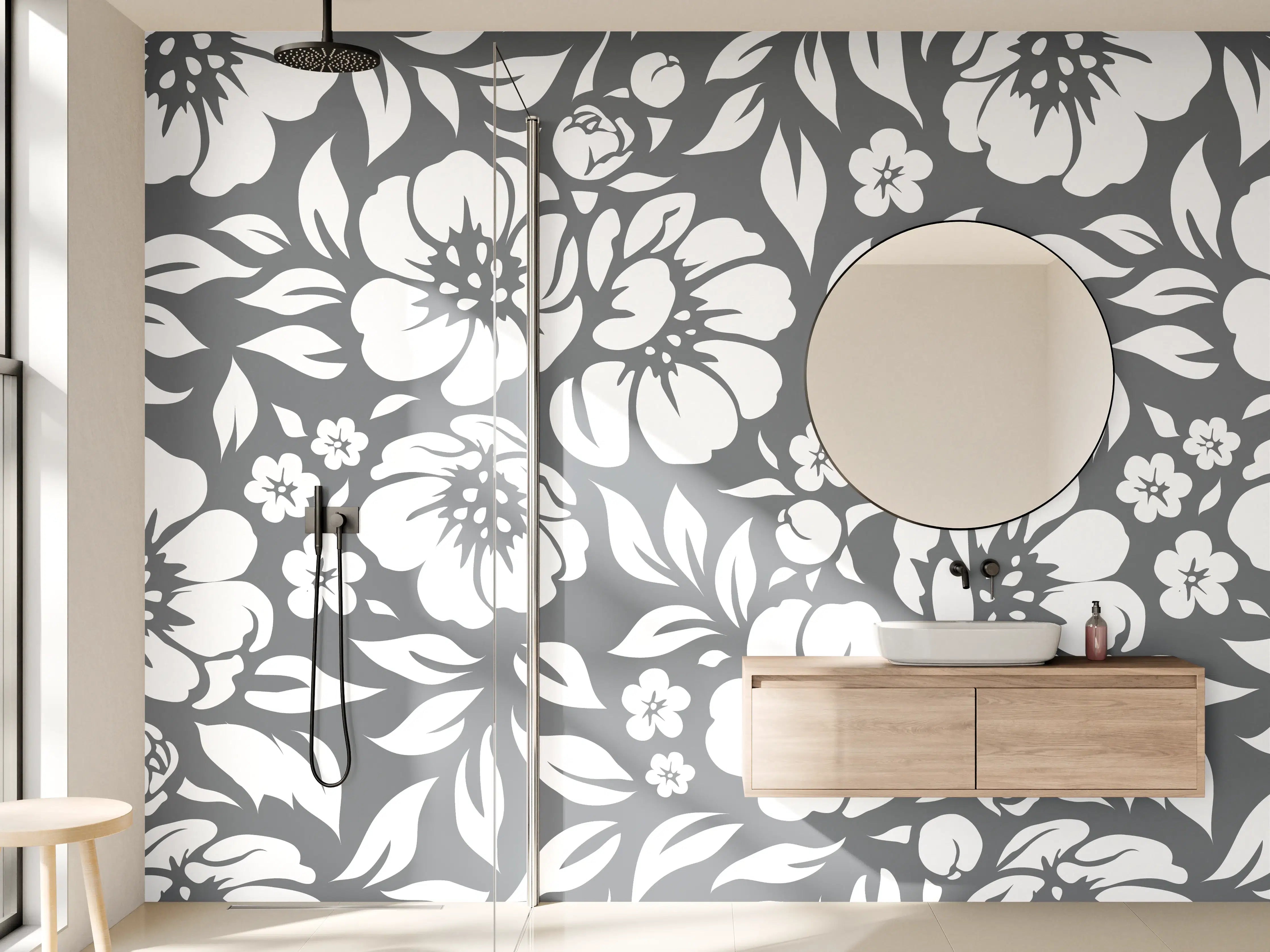 Wandverkleidung Bad - Graue Blüten im Schwarz-Weiß-Design