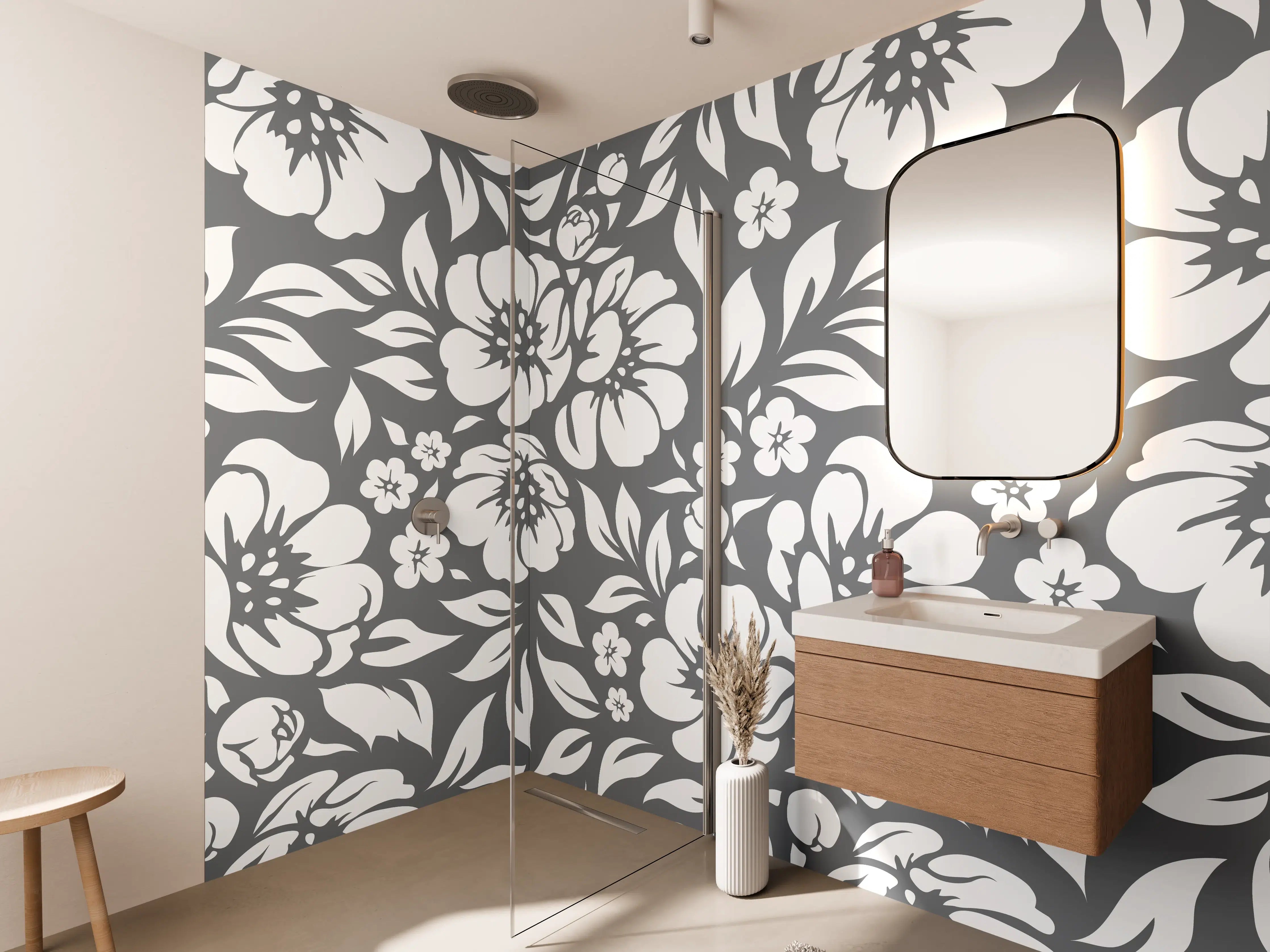 Wandverkleidung Bad - Graue Blüten im Schwarz-Weiß-Design