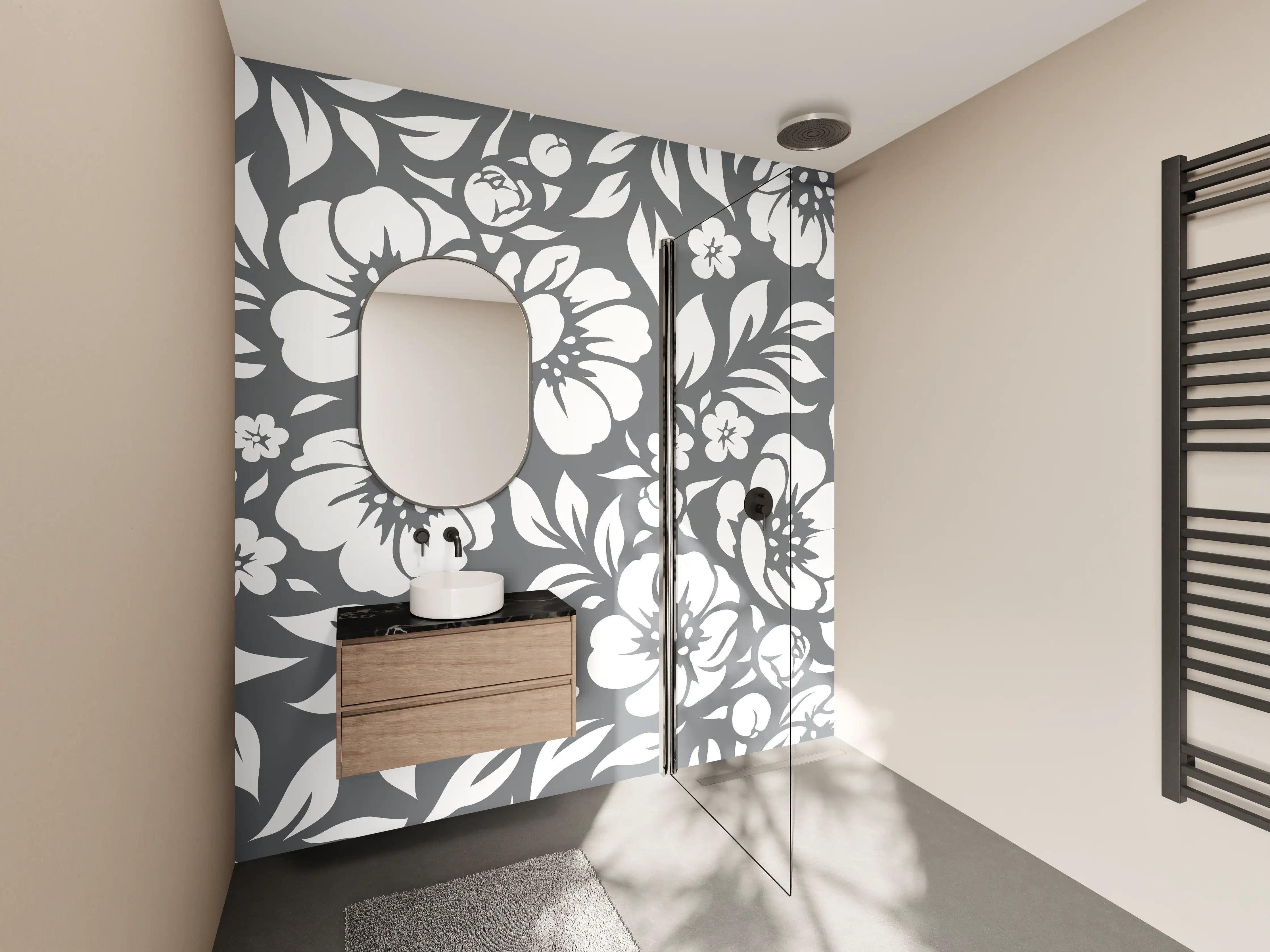 Wandverkleidung Bad - Graue Blüten im Schwarz-Weiß-Design