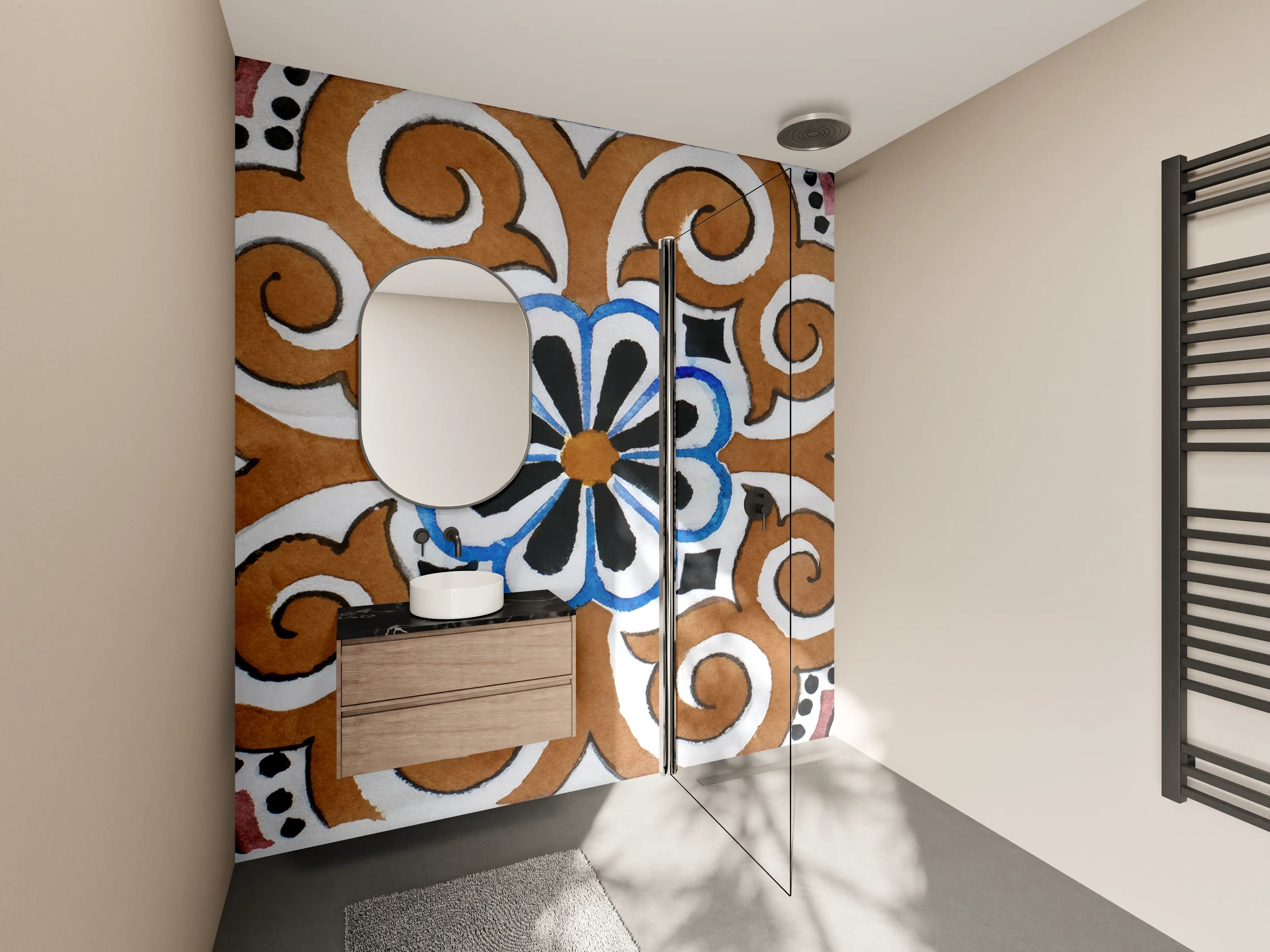 Wandverkleidung Bad - Graue Blütenfliesen im Weißdesign