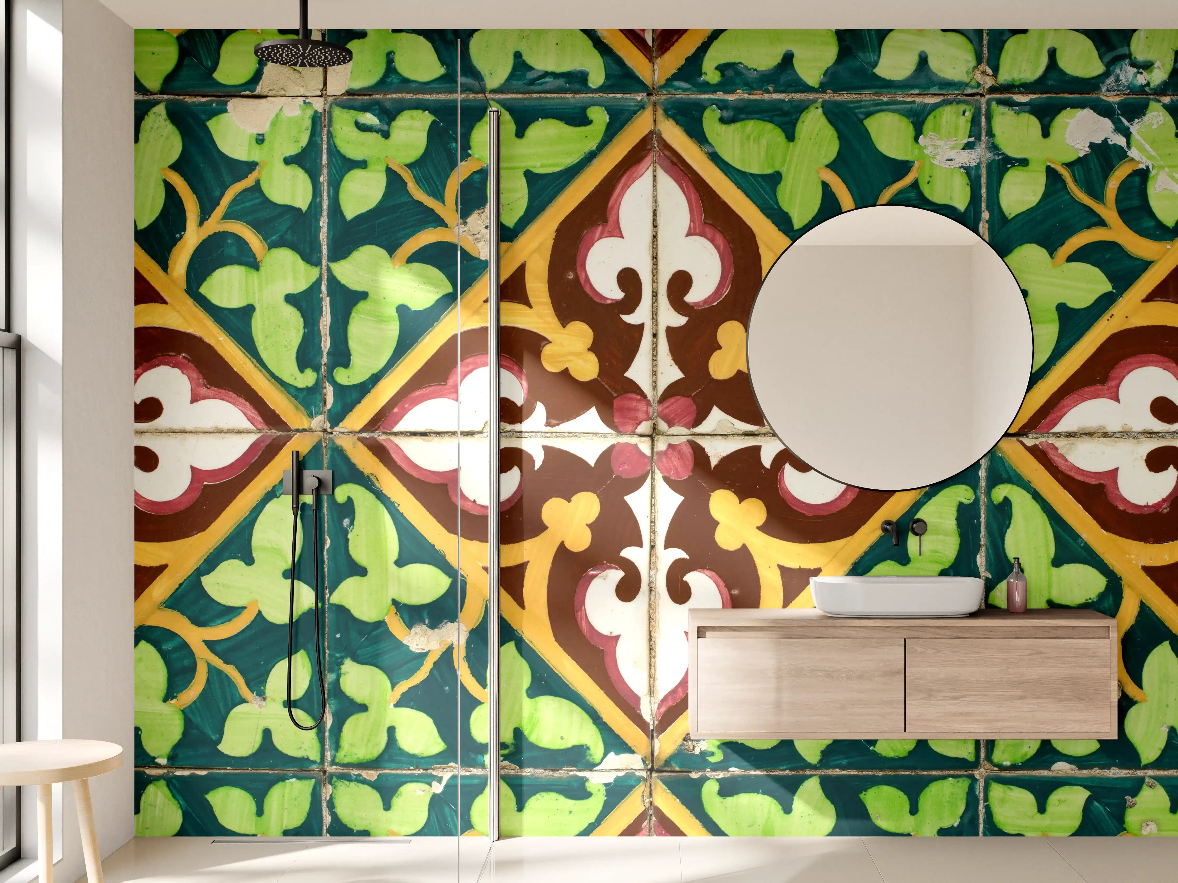 Wandverkleidung Bad - Graue Blütenfliesen mit weißem Muster