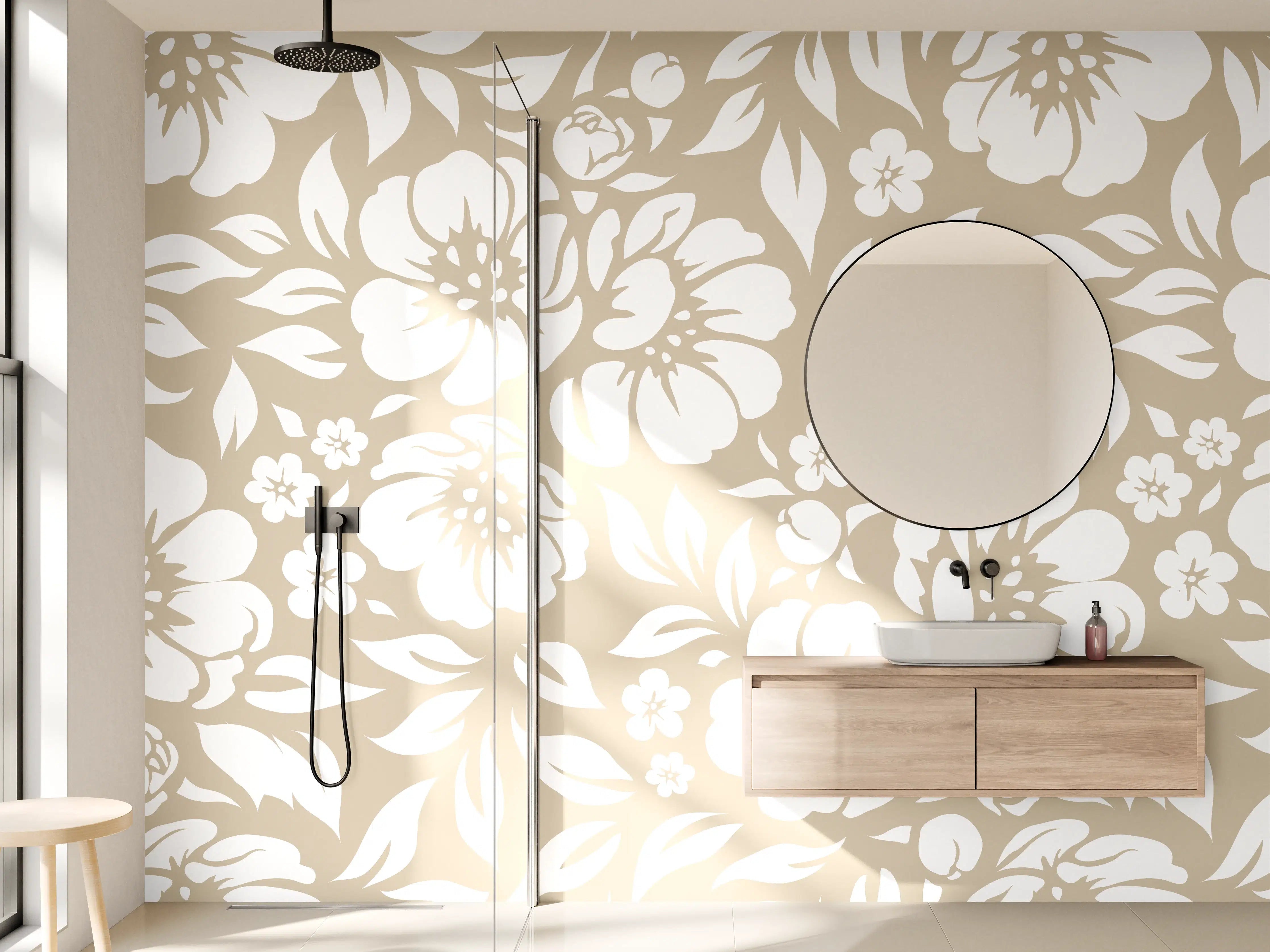 Wandverkleidung Bad - Graue Blumen auf zartem Beige