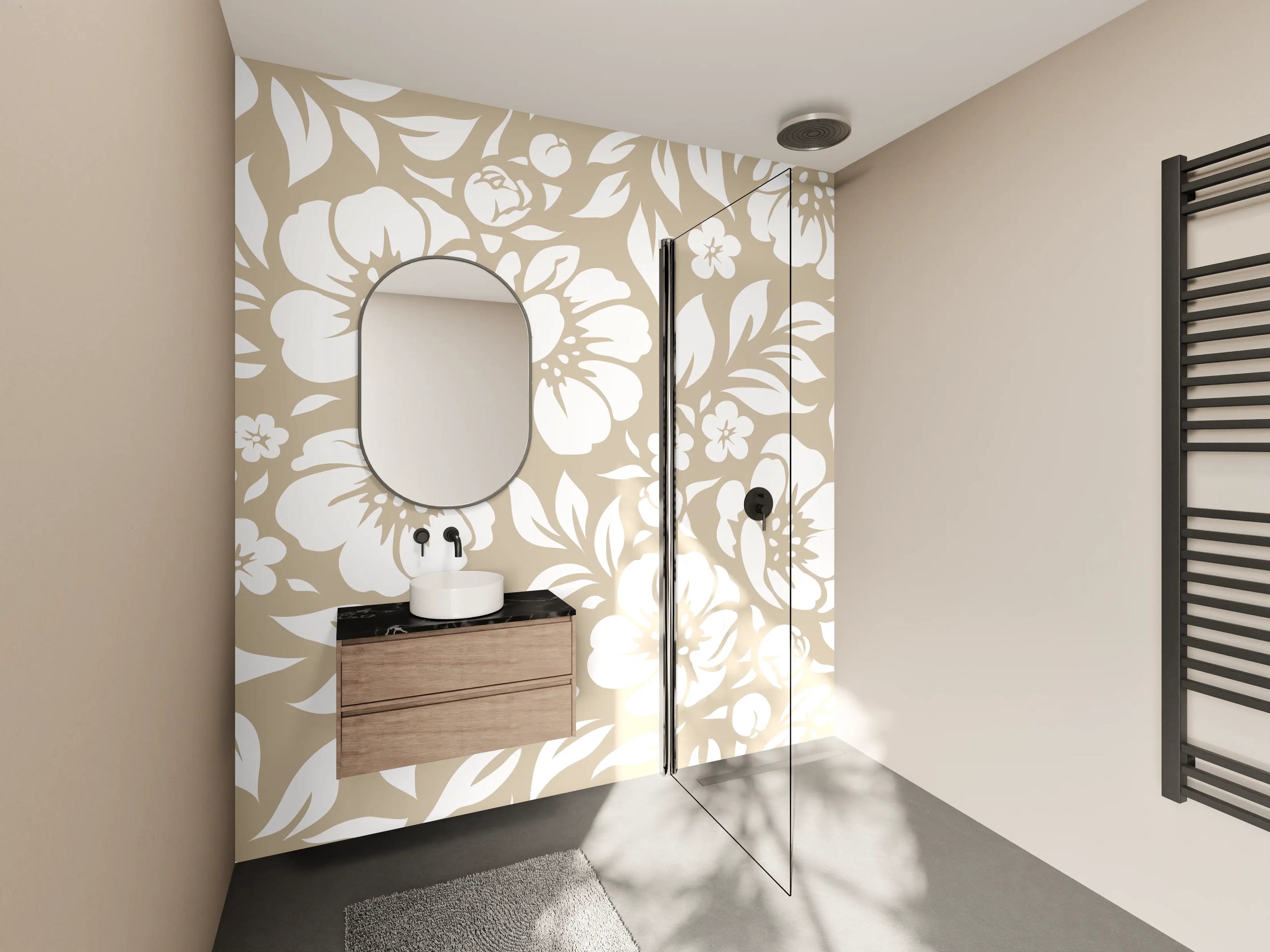 Wandverkleidung Bad - Graue Blumen auf zartem Beige