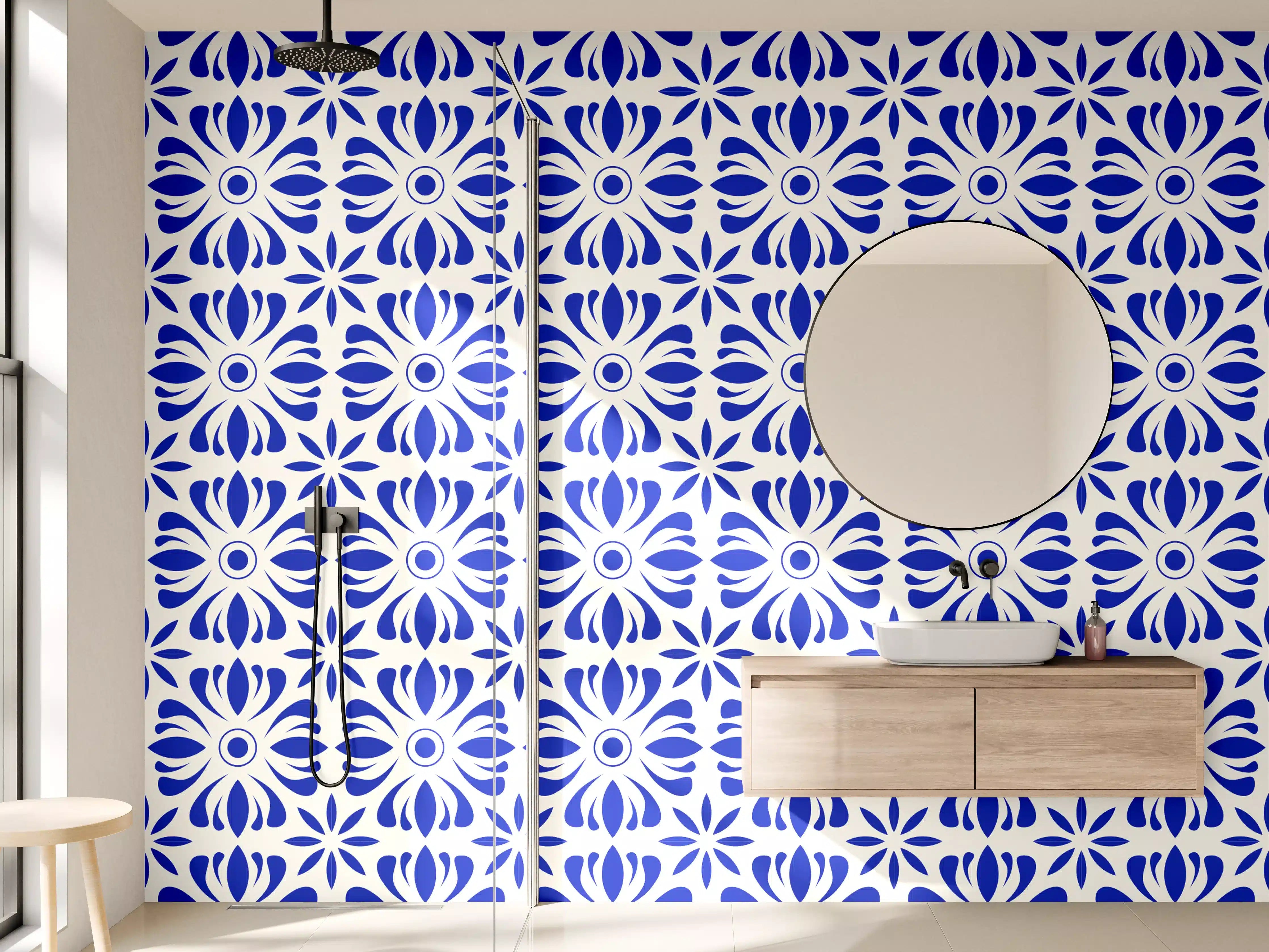 Wandverkleidung Bad - Graue Blumenfliesen-Muster