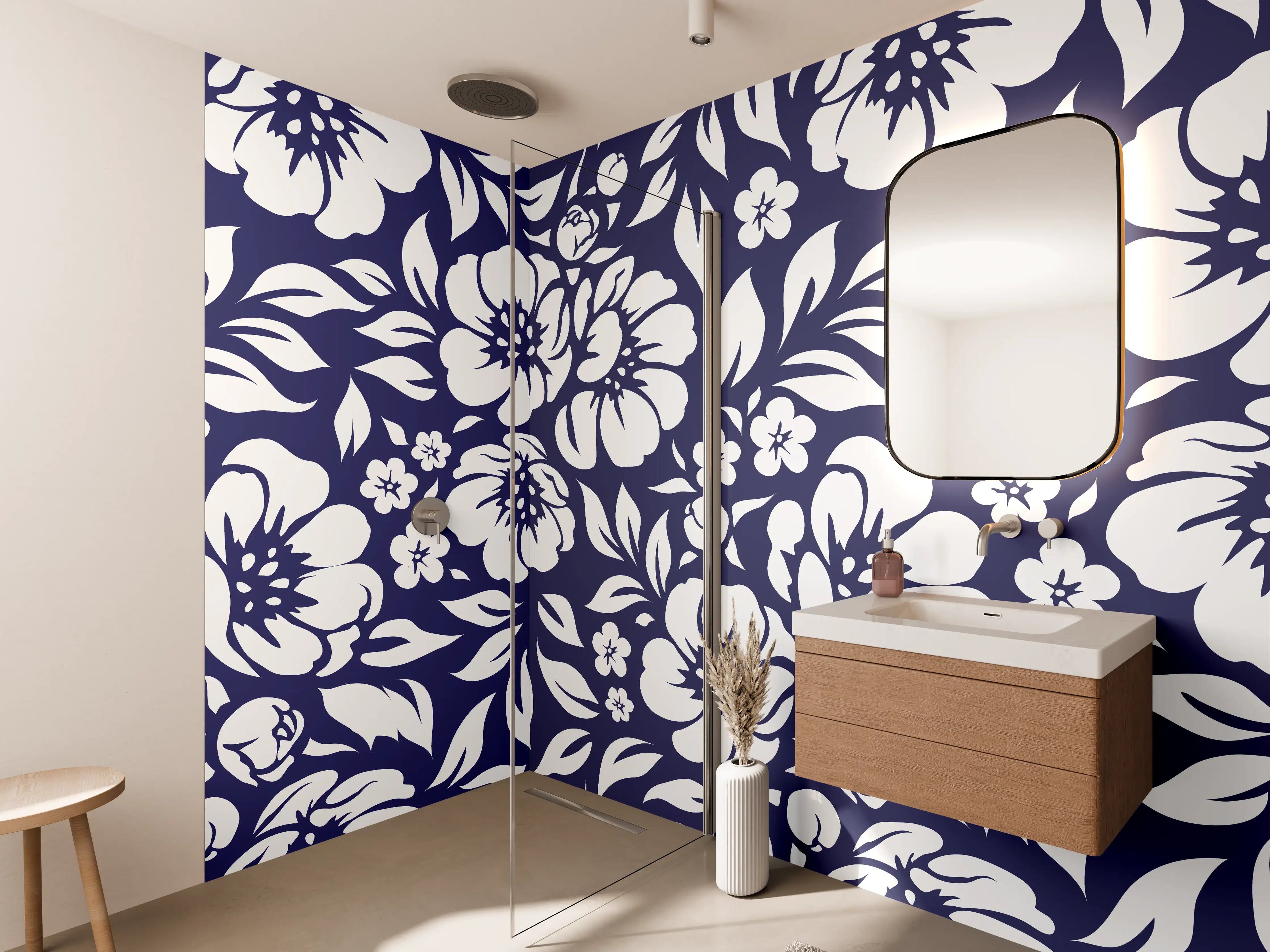 Wandverkleidung Bad - Graue Blumenmuster in Dunkelblau