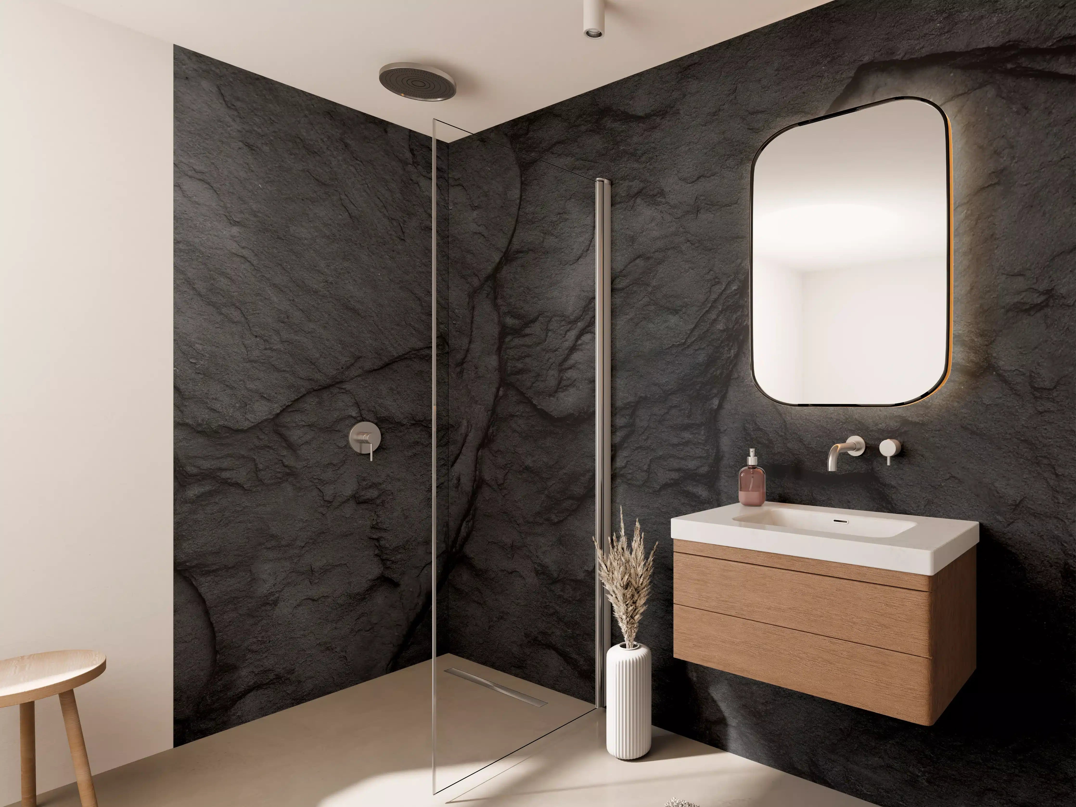 Wandverkleidung Bad - Graue Felswand mit Weißtextur