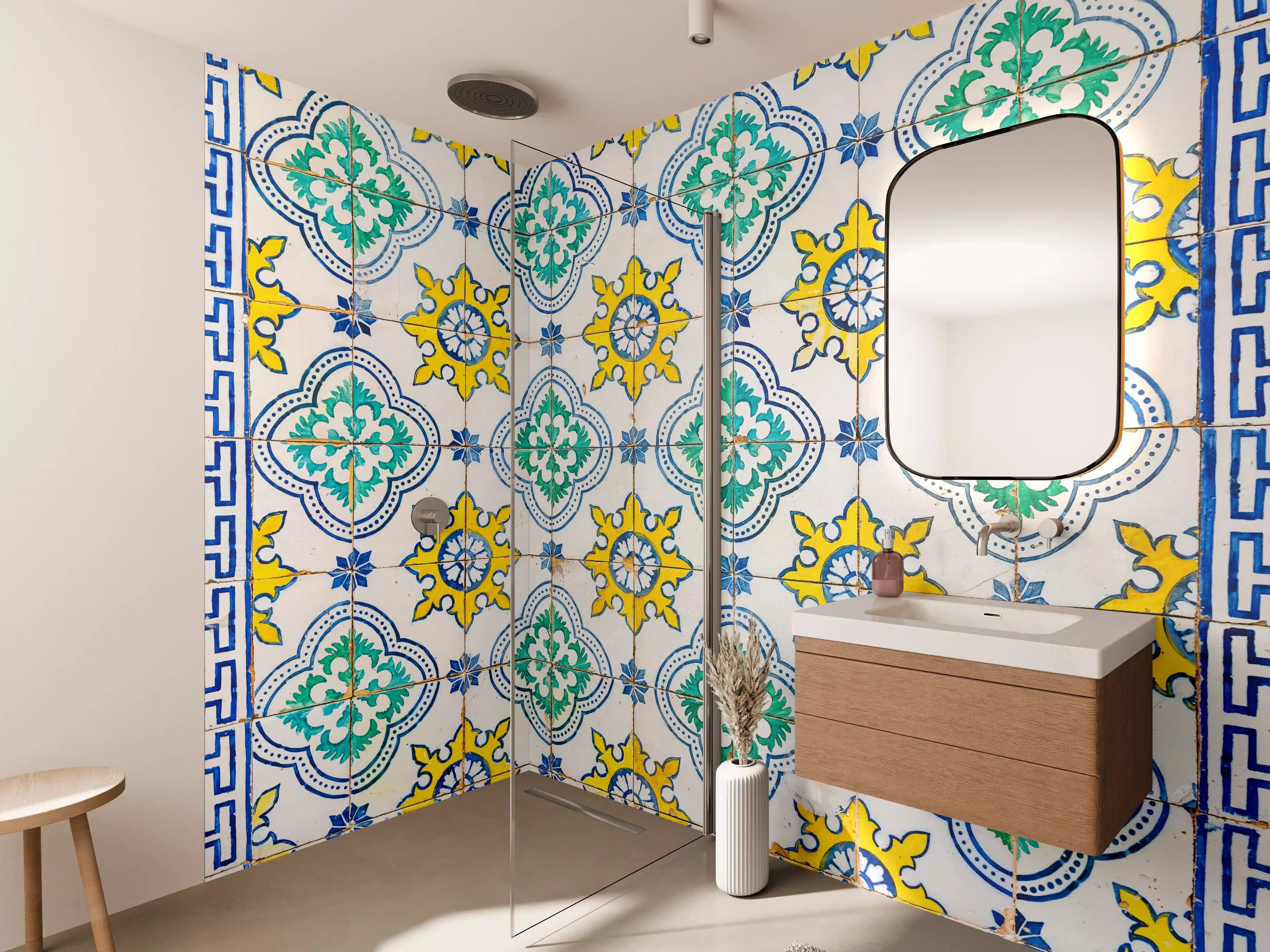 Wandverkleidung Bad - Graue Fliesen mit mediterranem Design