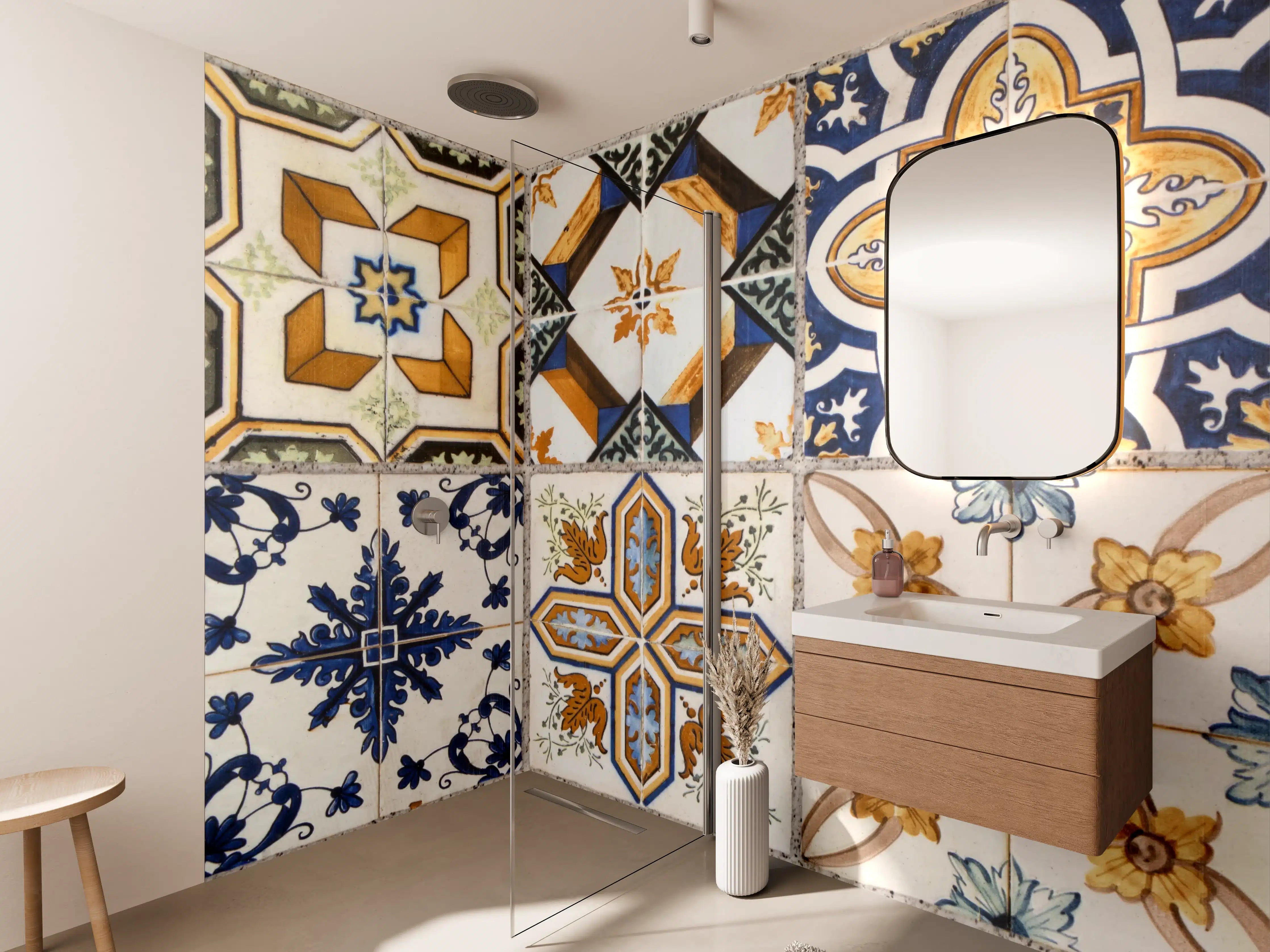 Wandverkleidung Bad - Graue Fliesenmuster im Weiß