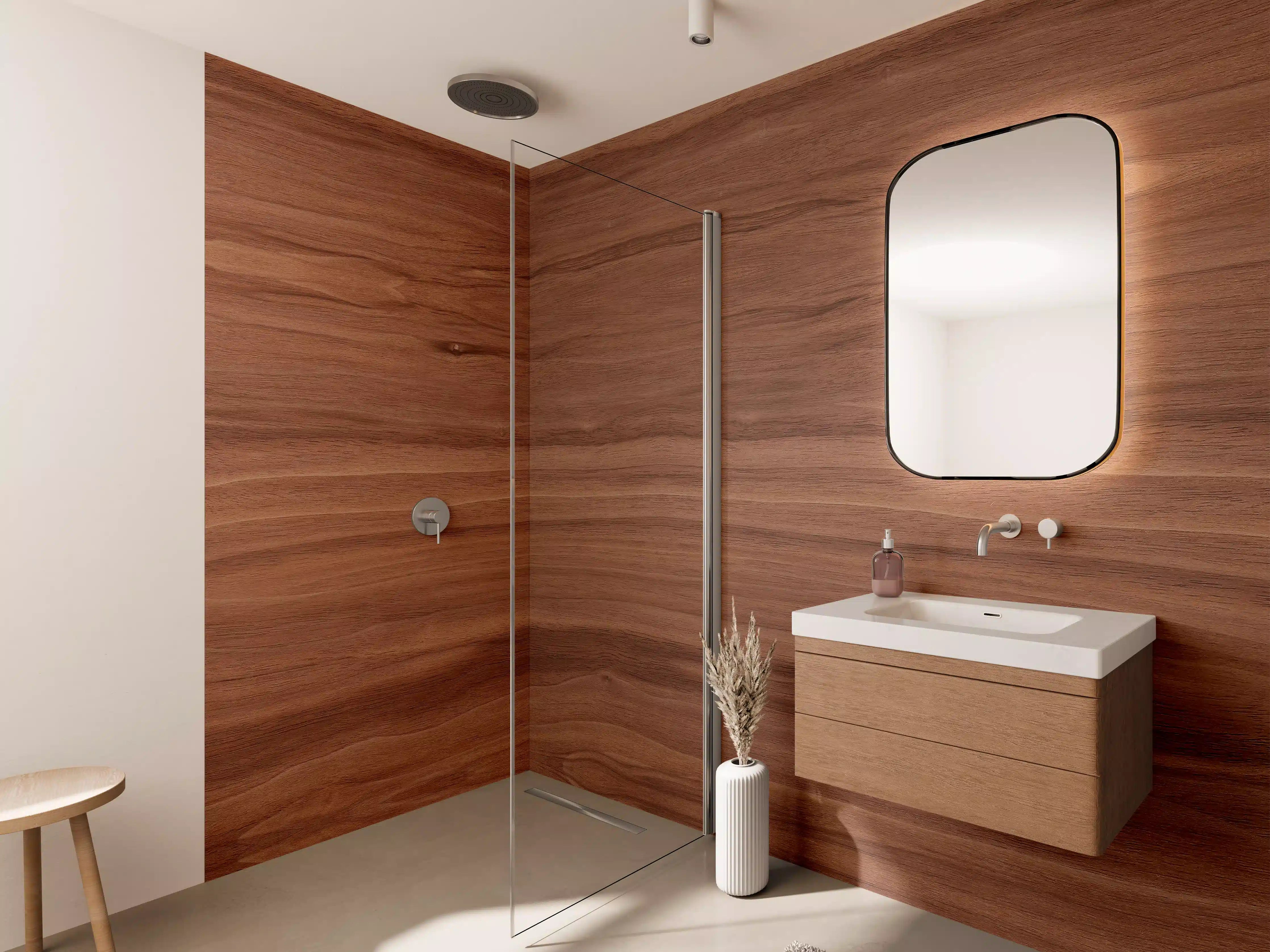 Wandverkleidung Bad - Graue Holzmaserung im Weißdesign