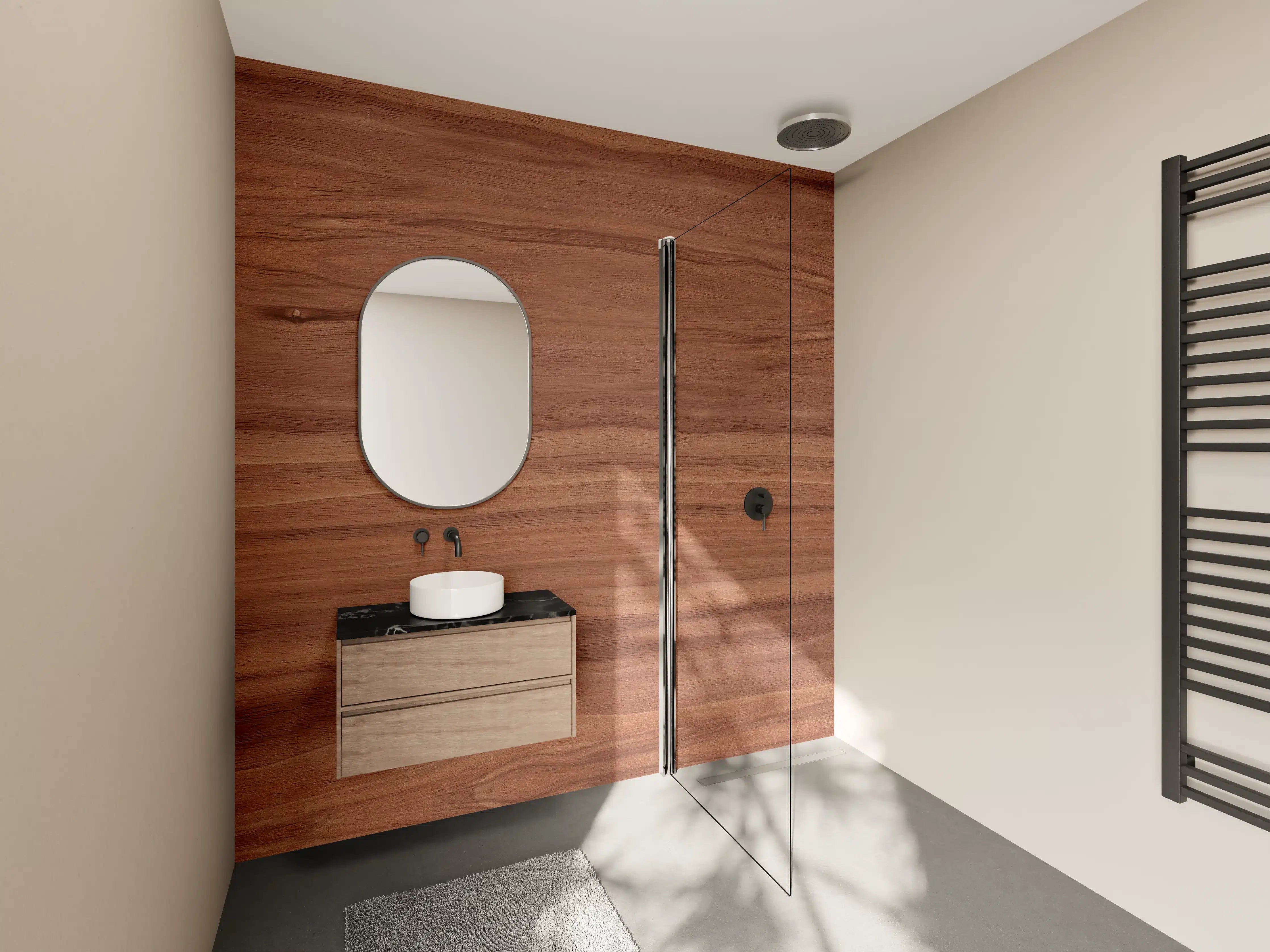 Wandverkleidung Bad - Graue Holzmaserung im Weißdesign