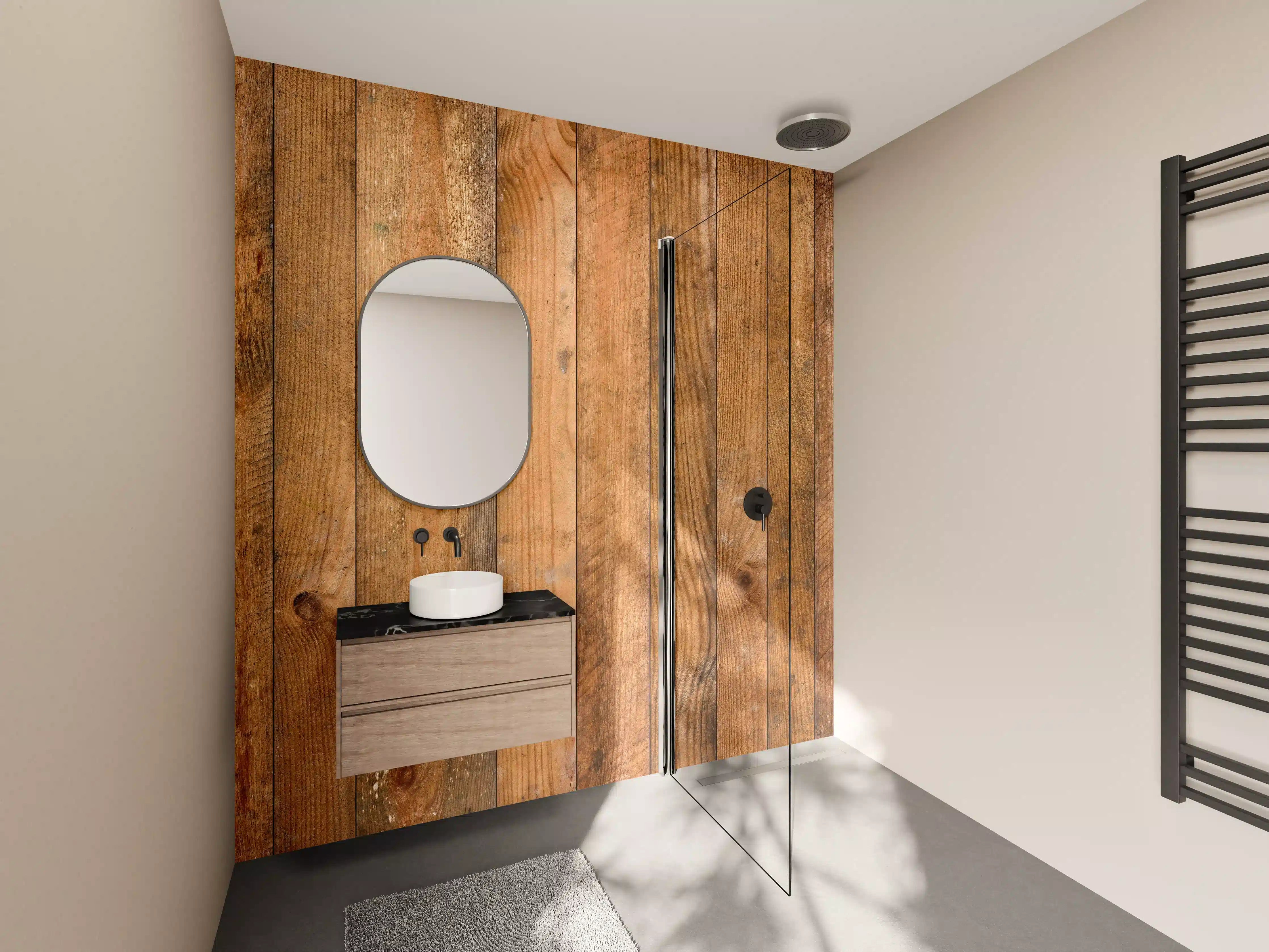 Wandverkleidung Bad - Graue Holzmaserung mit Weißakzenten