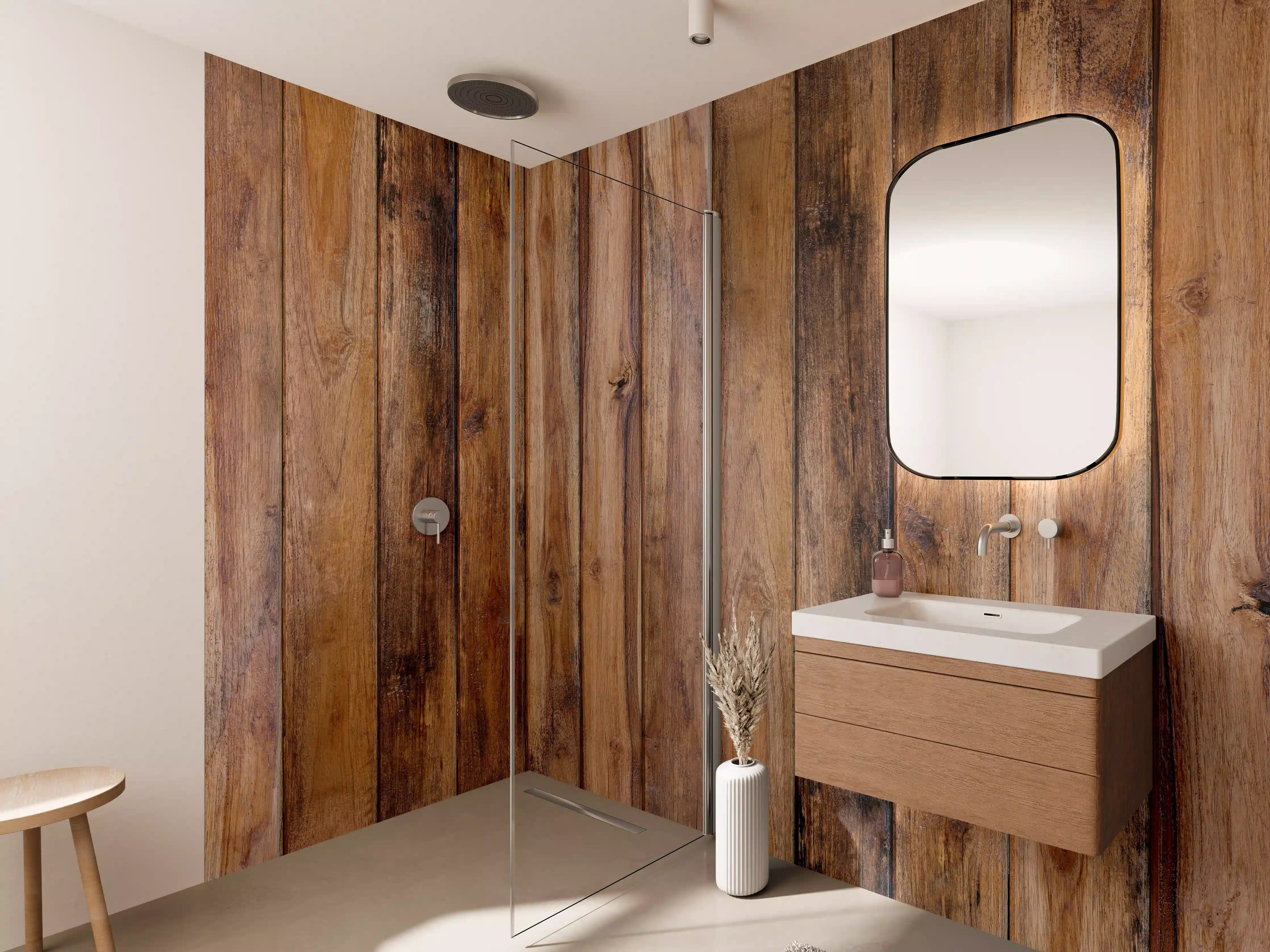 Wandverkleidung Bad - Graue Holzwand mit weißer Maserung