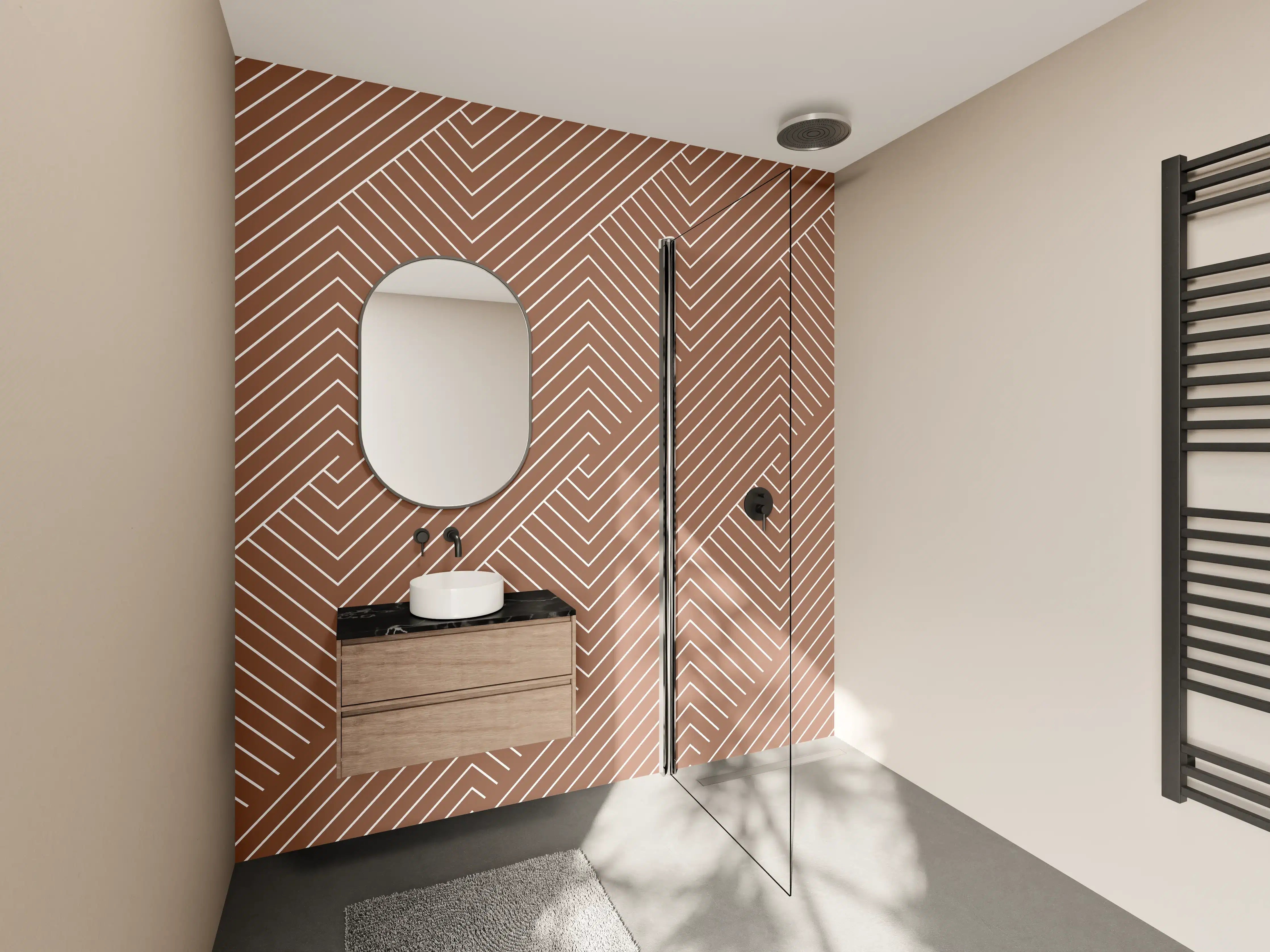 Wandverkleidung Bad - Graue Linien im Holzdesign