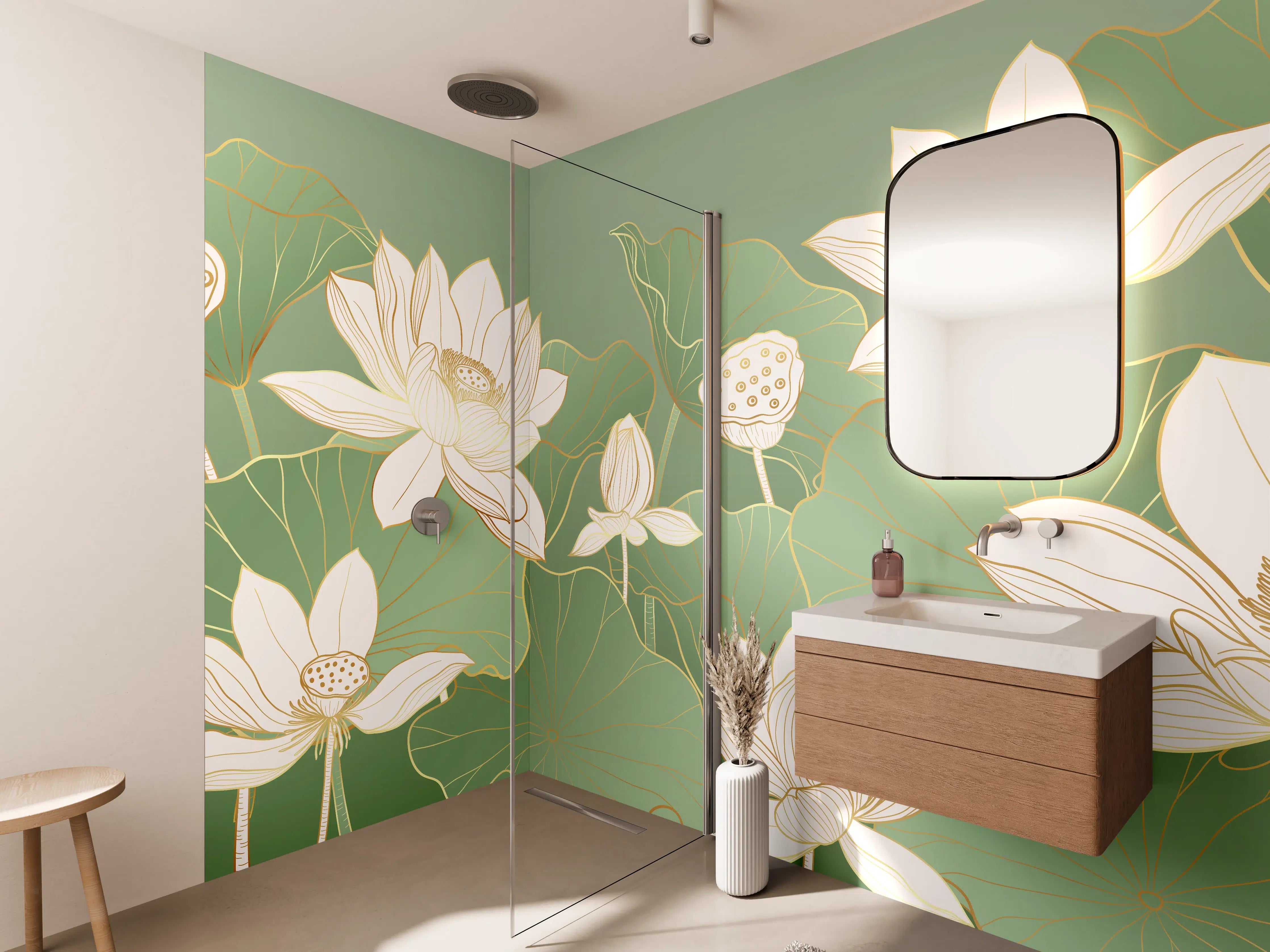 Wandverkleidung Bad - Graue Lotus auf smaragdgrünen Blättern