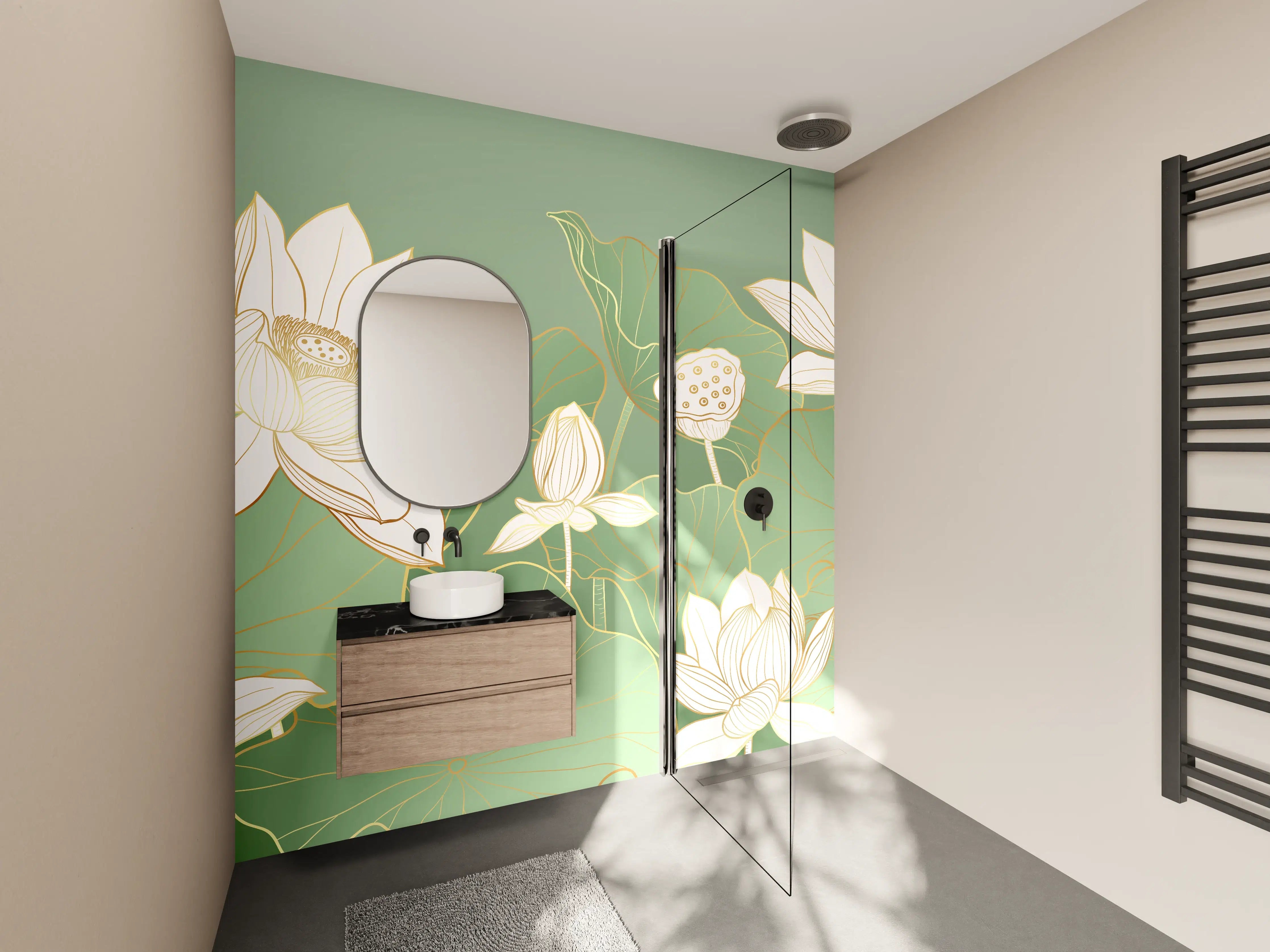 Wandverkleidung Bad - Graue Lotus auf smaragdgrünen Blättern