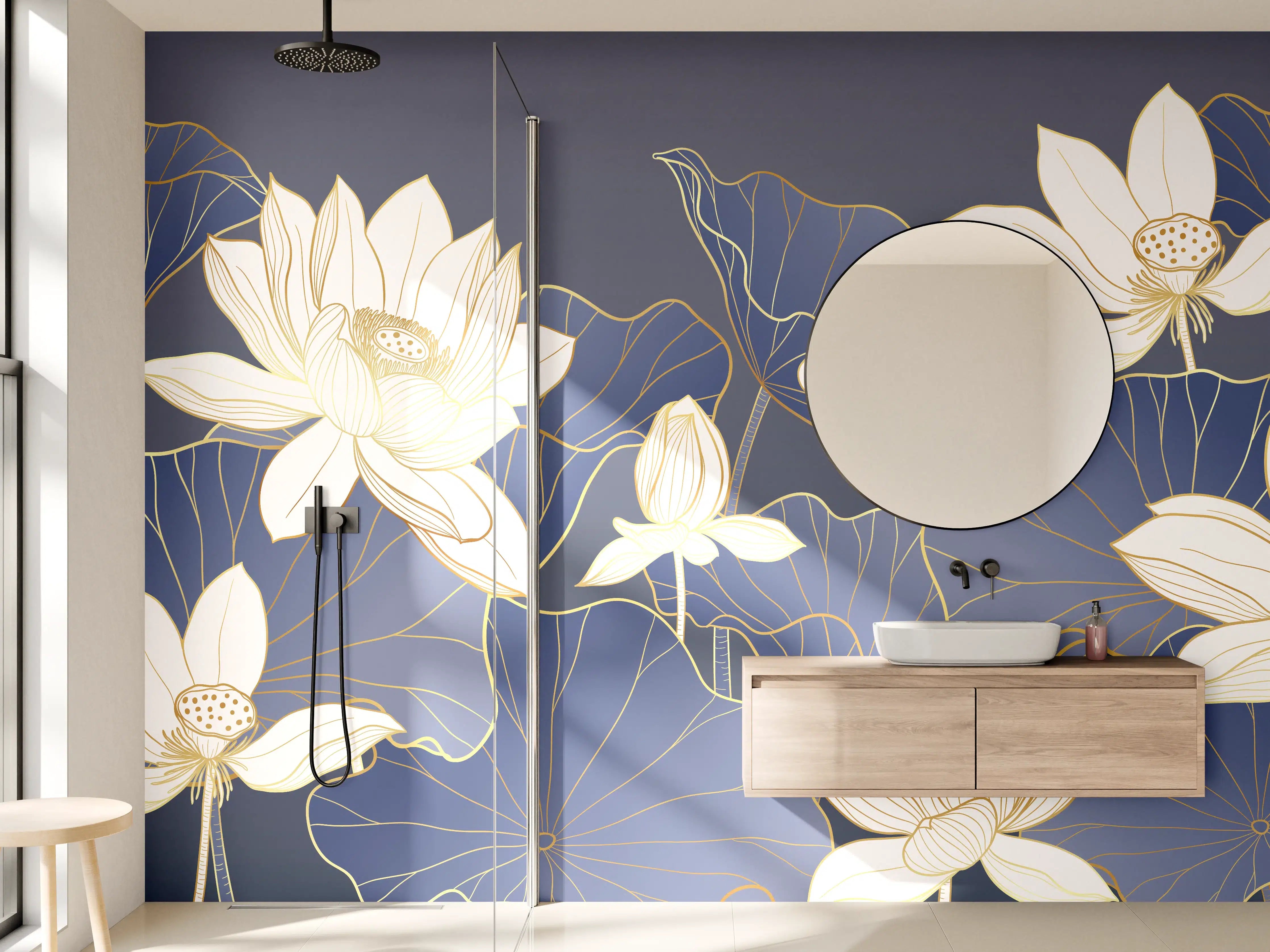 Wandverkleidung Bad - Graue Lotus im blauen Wasser