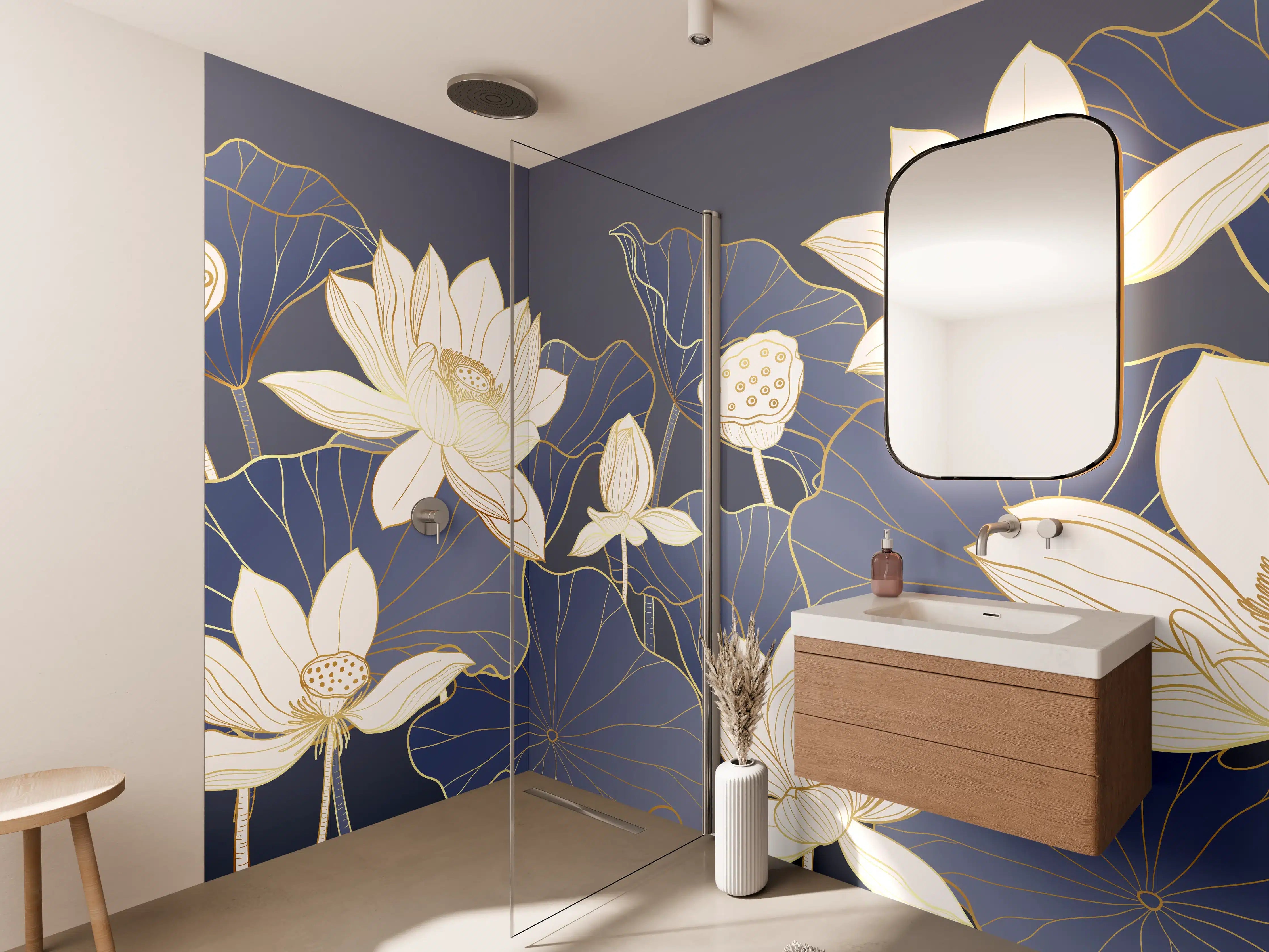 Wandverkleidung Bad - Graue Lotus im blauen Wasser