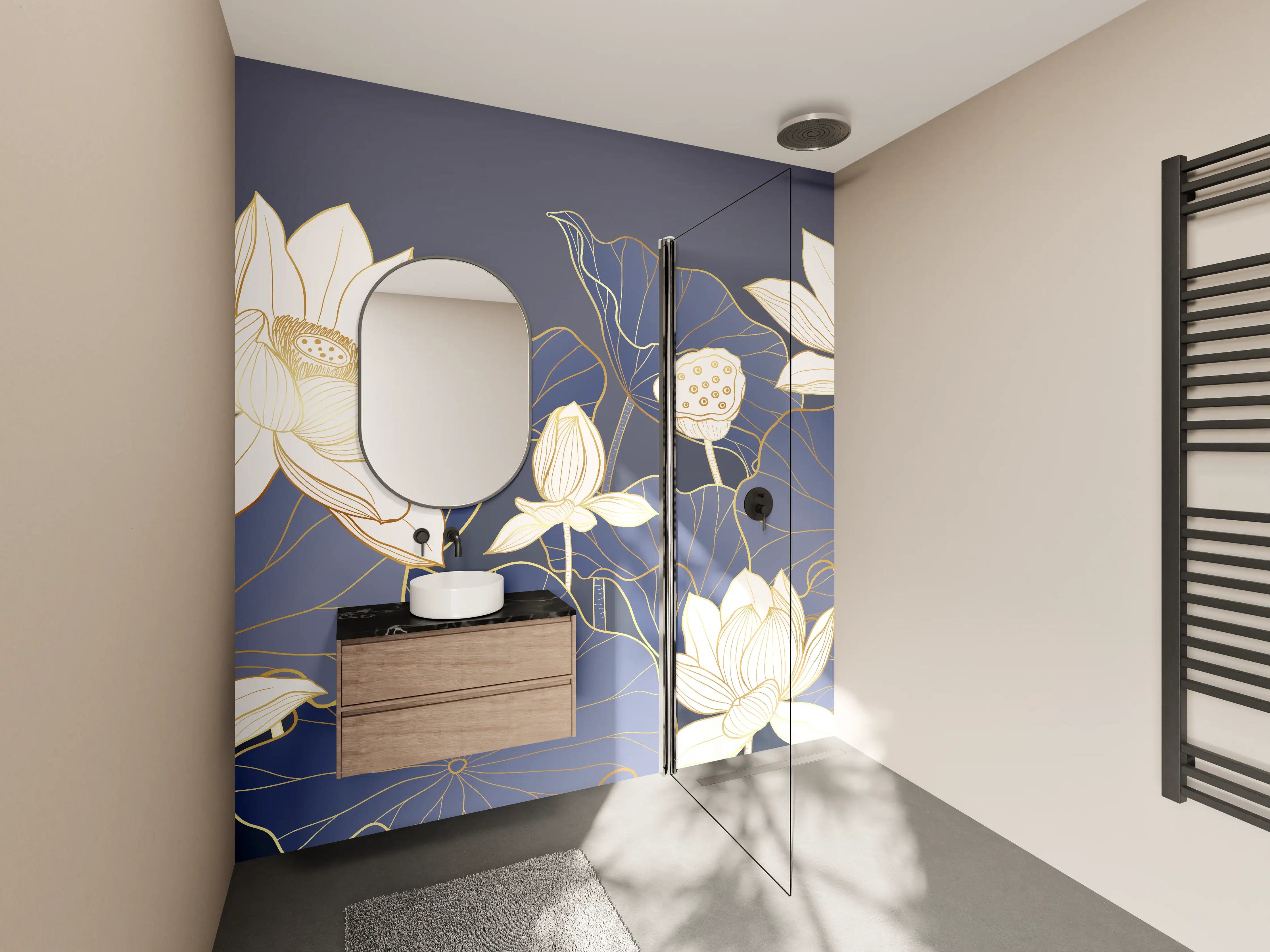 Wandverkleidung Bad - Graue Lotus im blauen Wasser