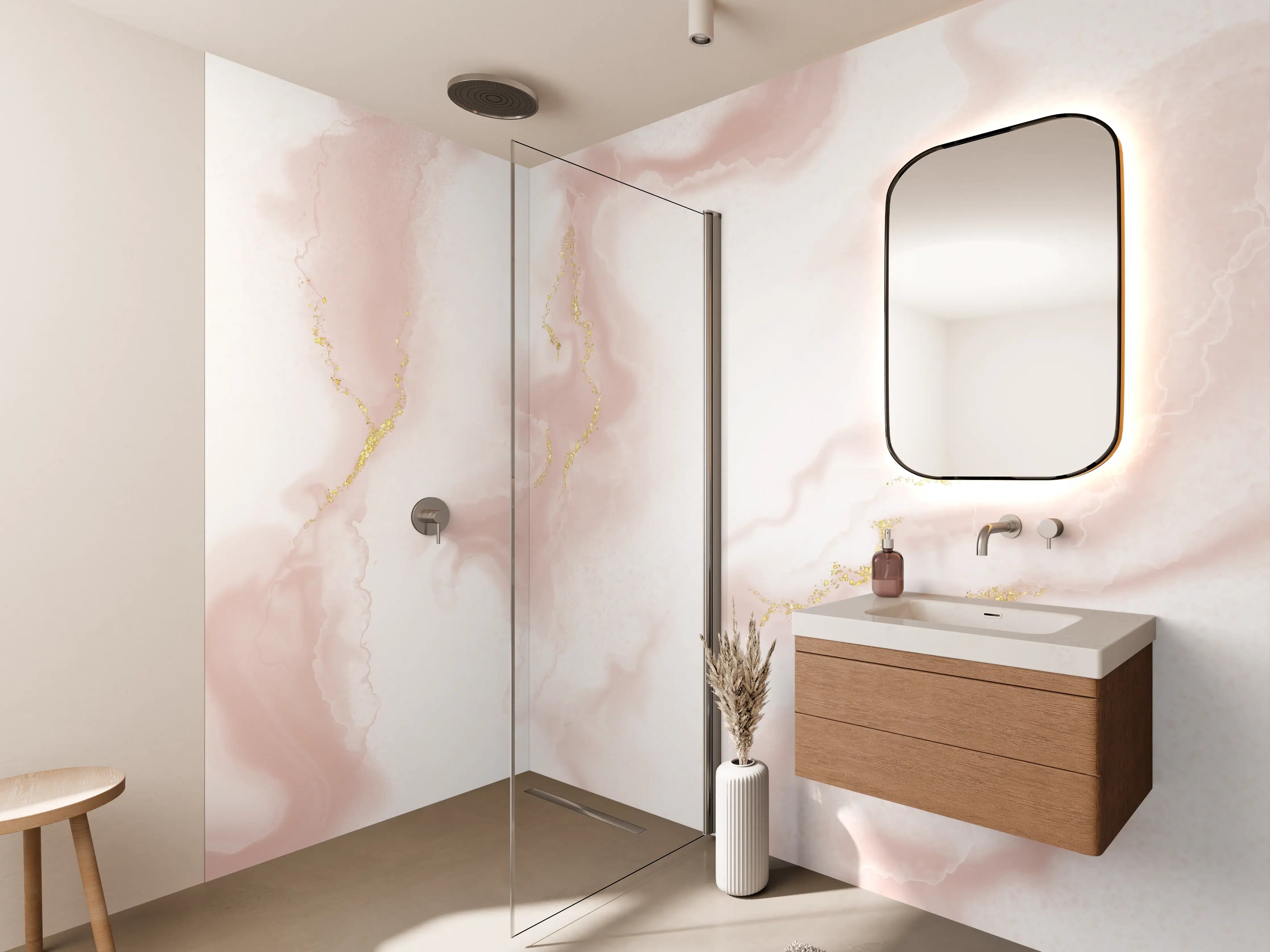 Wandverkleidung Bad - Graue Marmor-Highlights mit Goldlinien