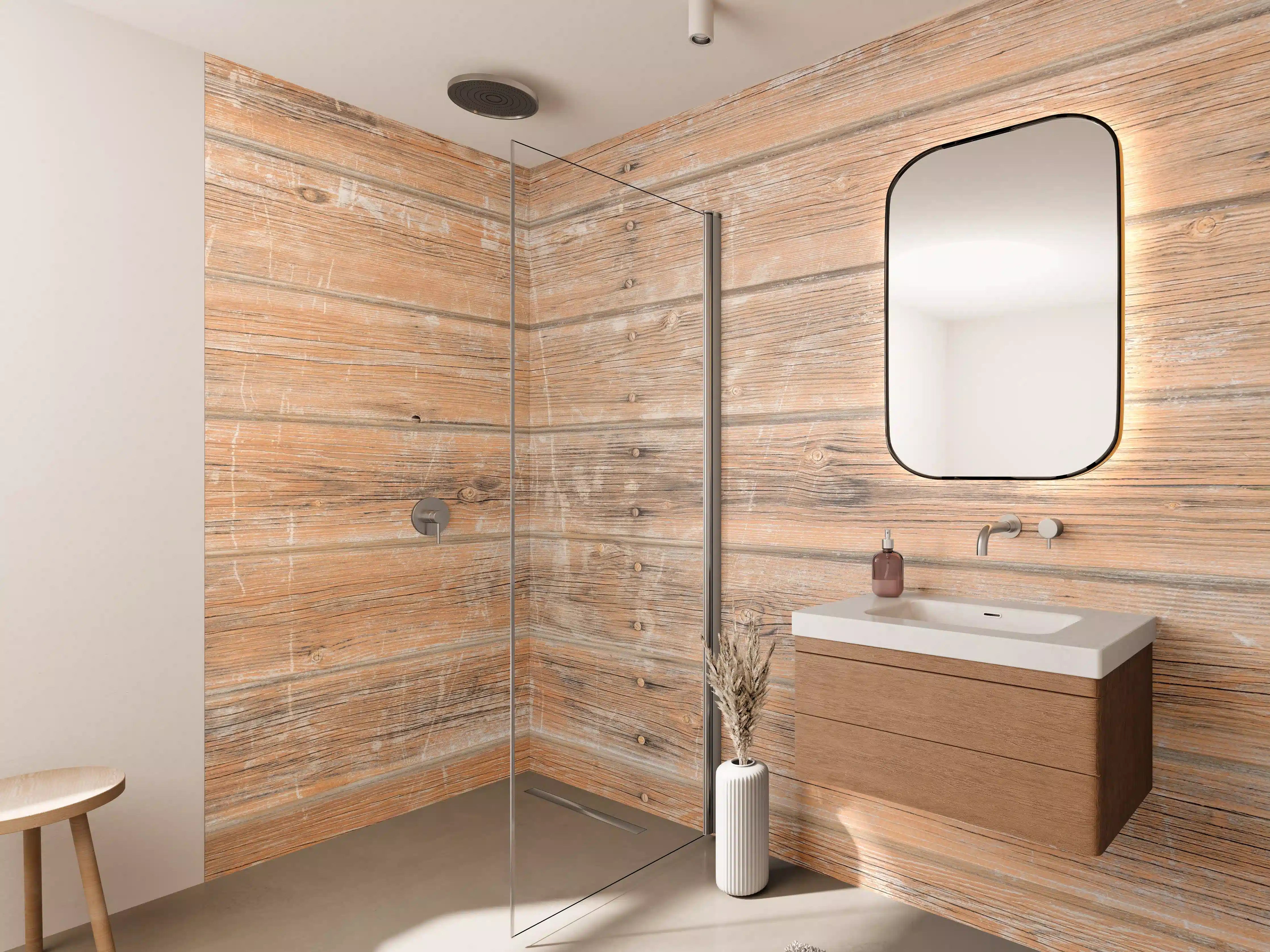 Wandverkleidung Bad - Graue Maserung auf Naturholzplatten