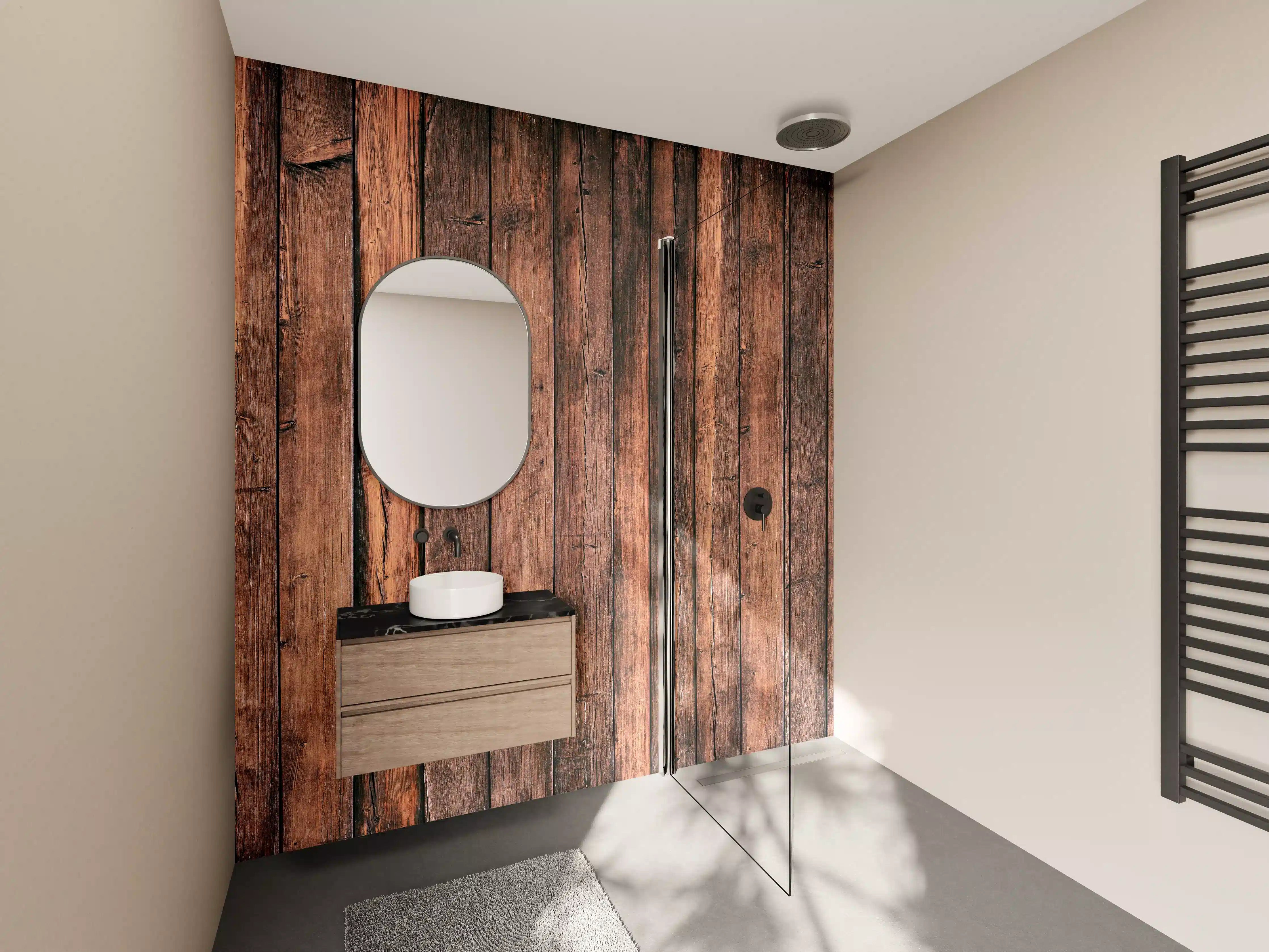 Wandverkleidung Bad - Graue Maserung: Warme Holzwand