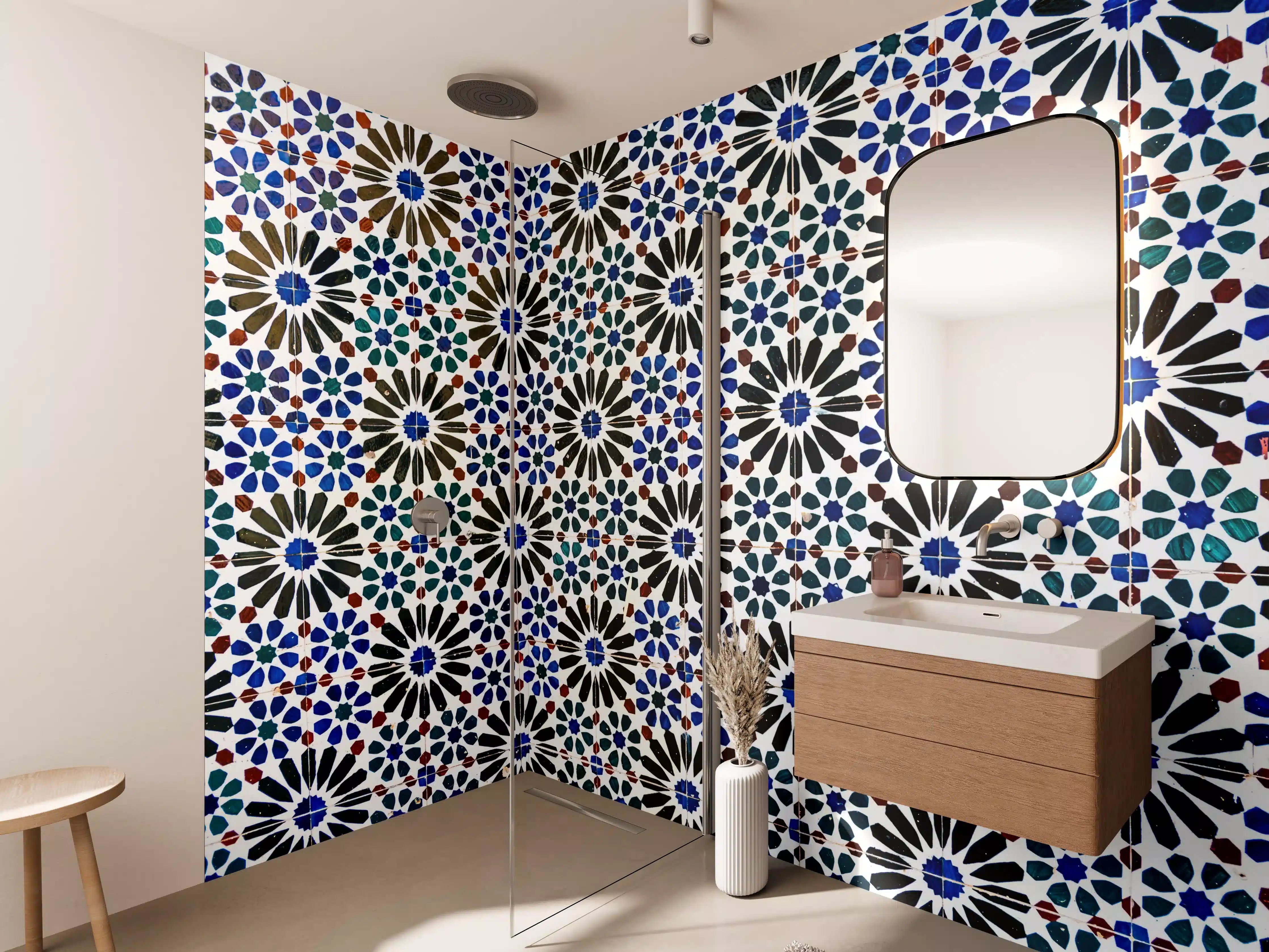 Wandverkleidung Bad - Graue Mosaikfliesen mit geometrichem Design