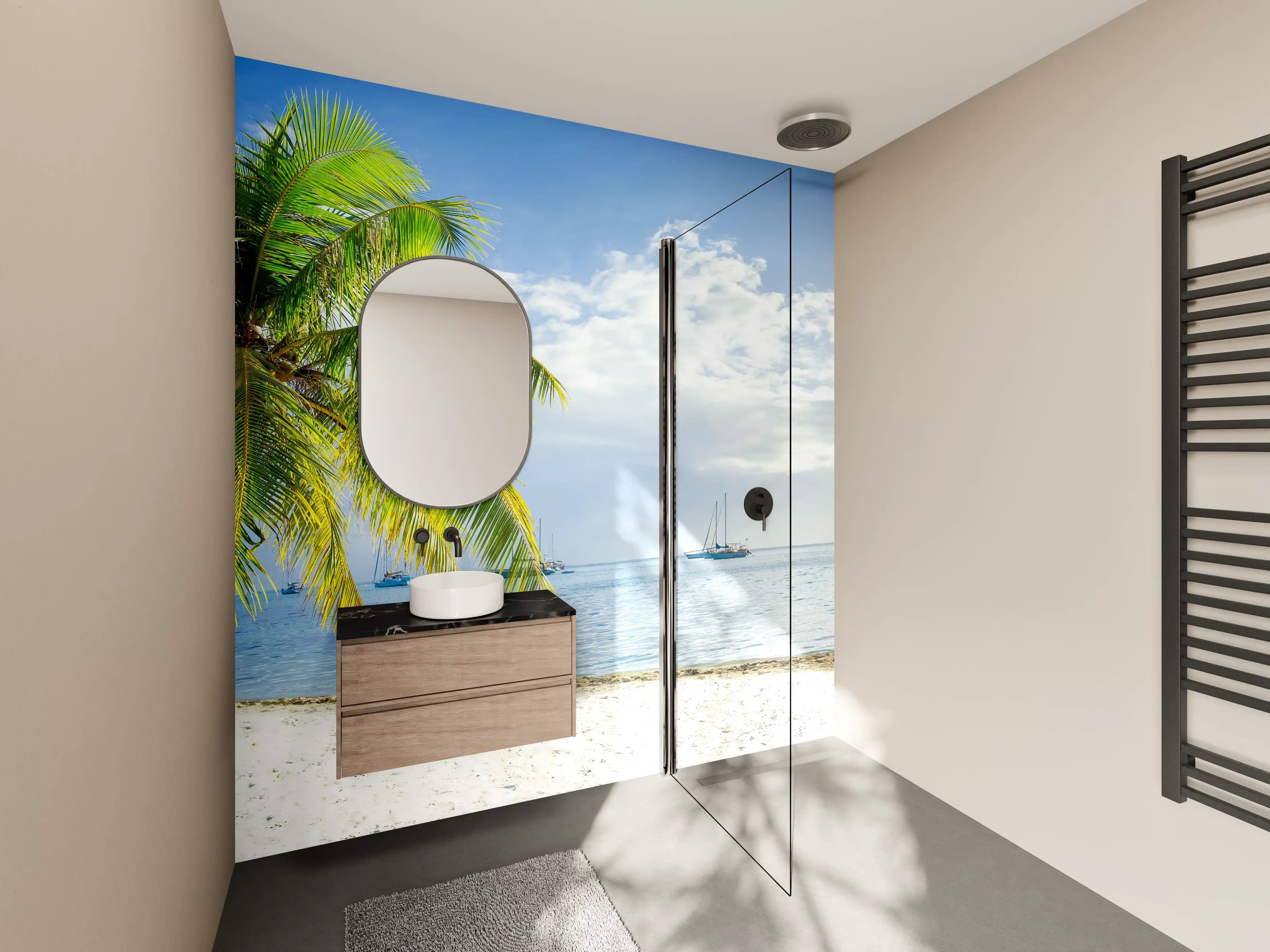 Wandverkleidung Bad - Graue Palmen am azurblauen Strand