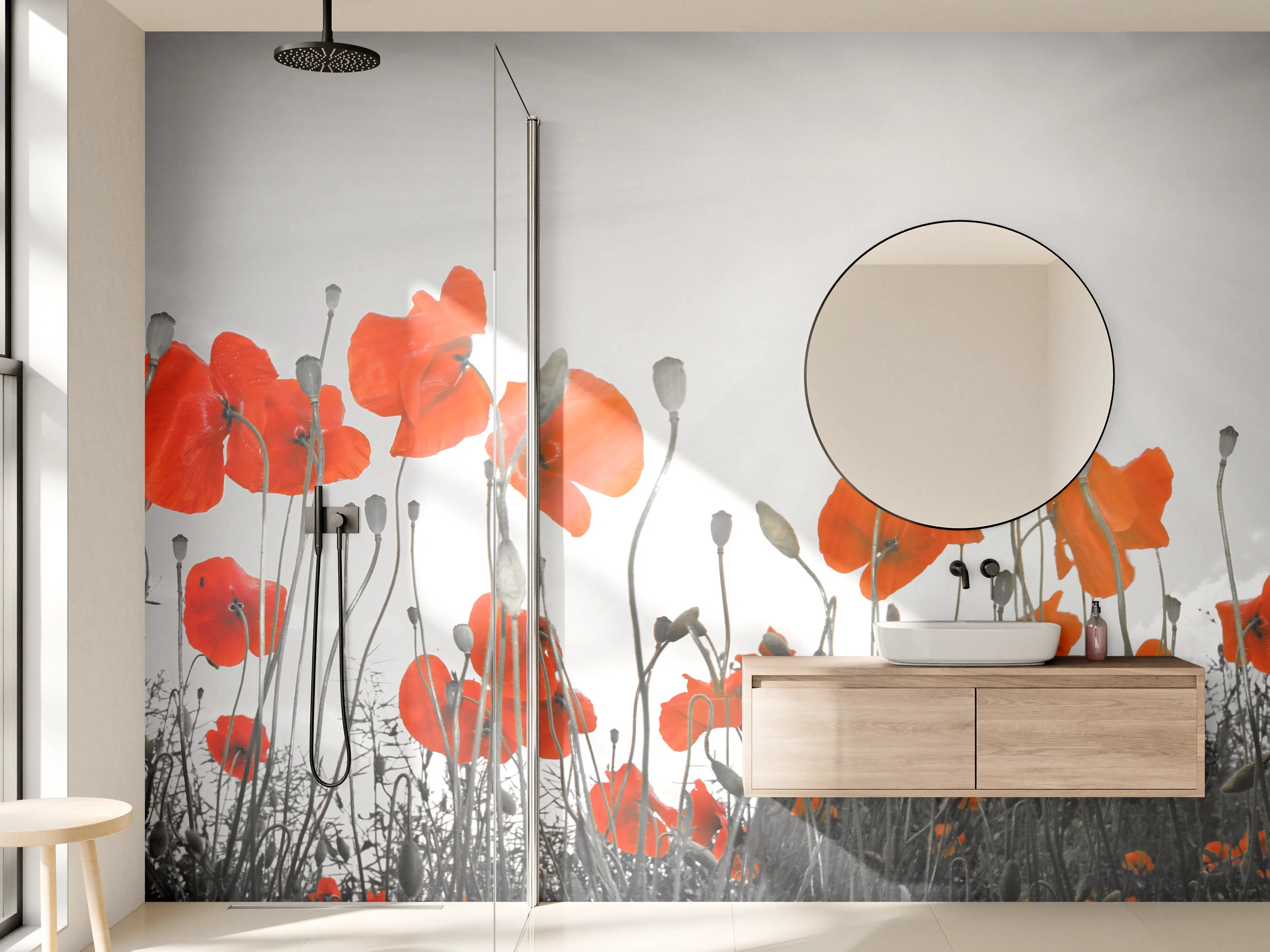 Wandverkleidung Bad - Graue Schatten, leuchtende Mohnblumen