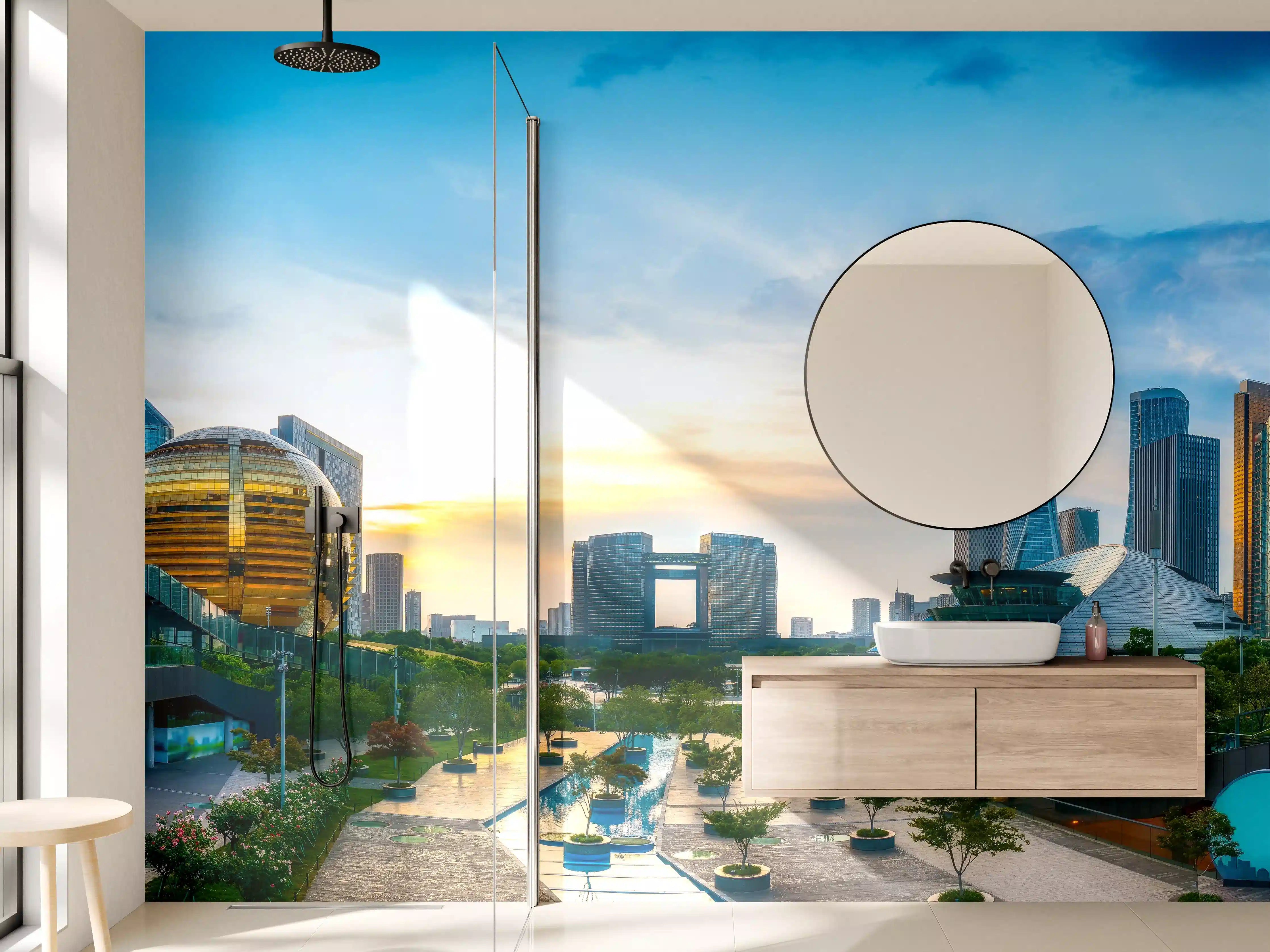 Wandverkleidung Bad - Graue Silhouetten bei Abendlicht