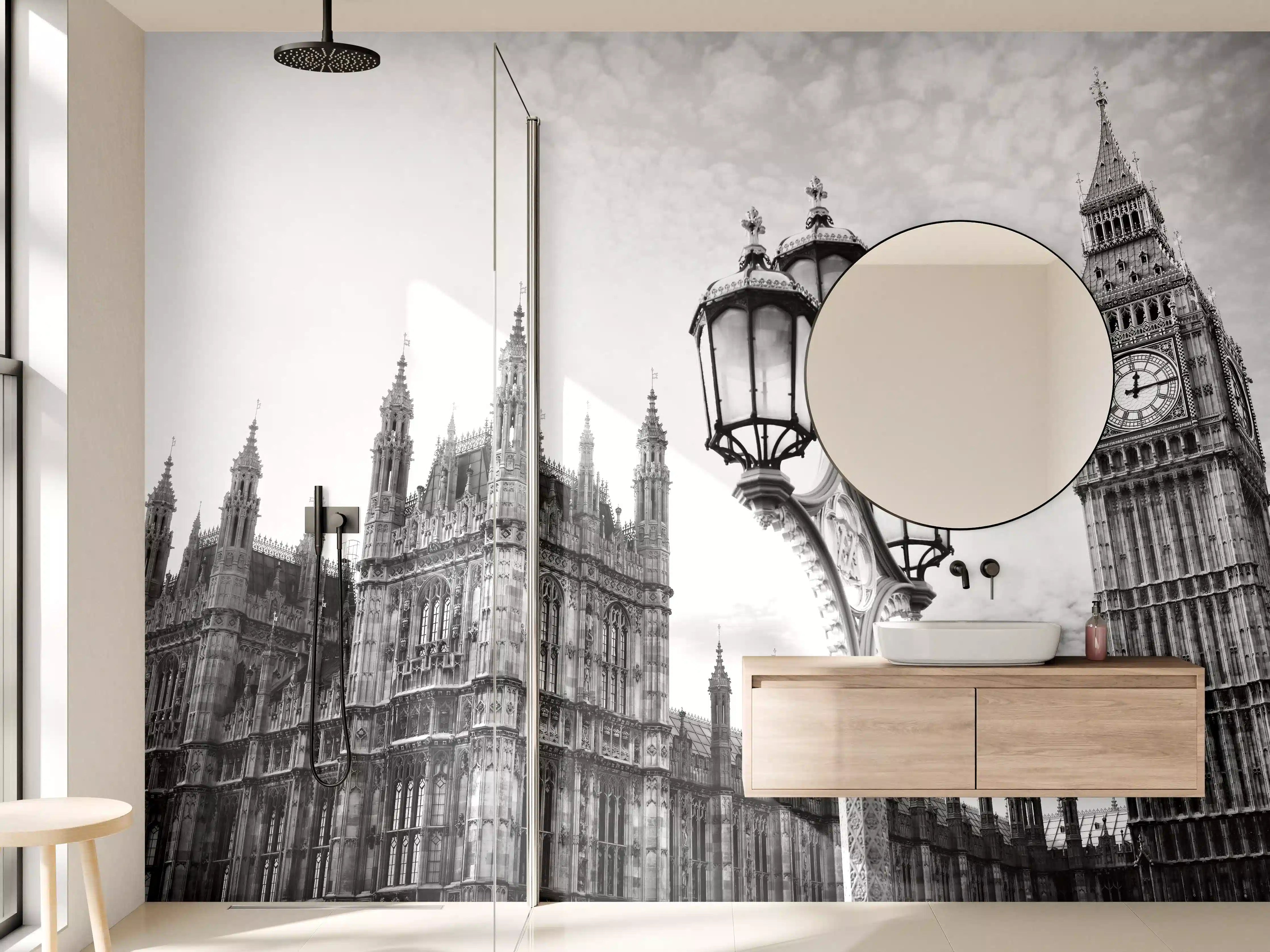 Wandverkleidung Bad - Graue Skyline mit alten Bauwerken