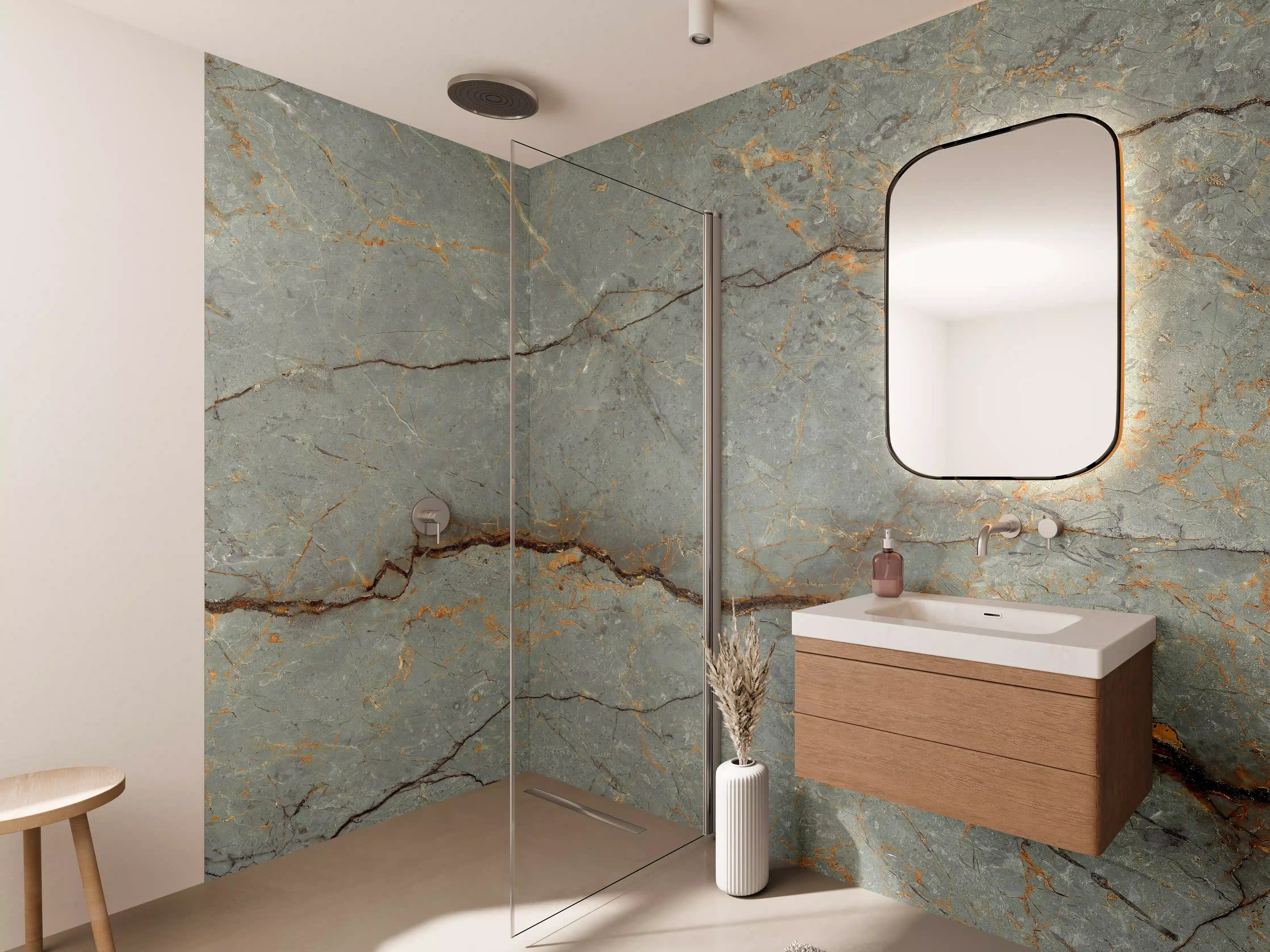 Wandverkleidung Bad - Graue Steinmauer mit braunen Adern