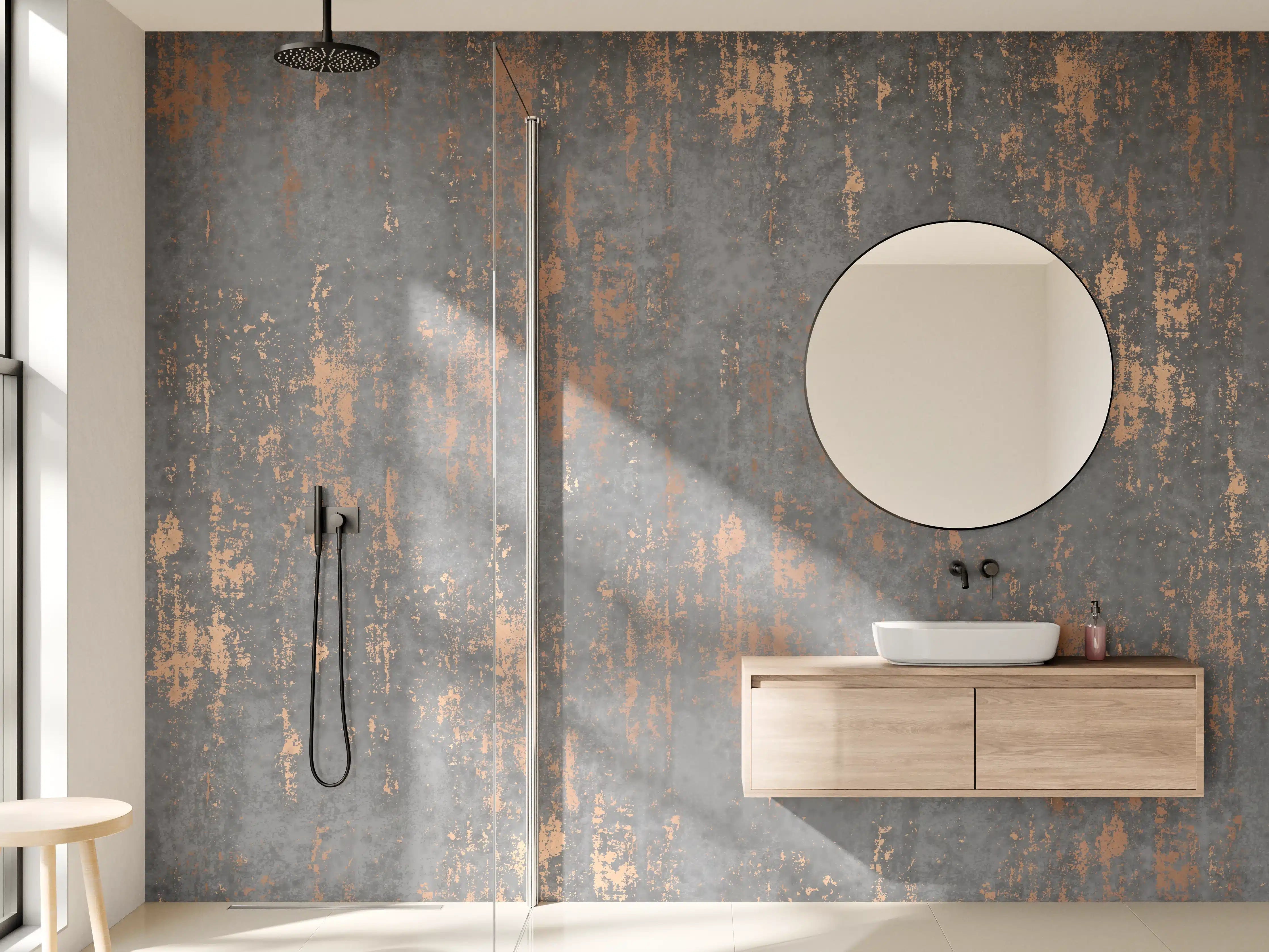 Wandverkleidung Bad - Graue Textur mit goldenen Akzenten