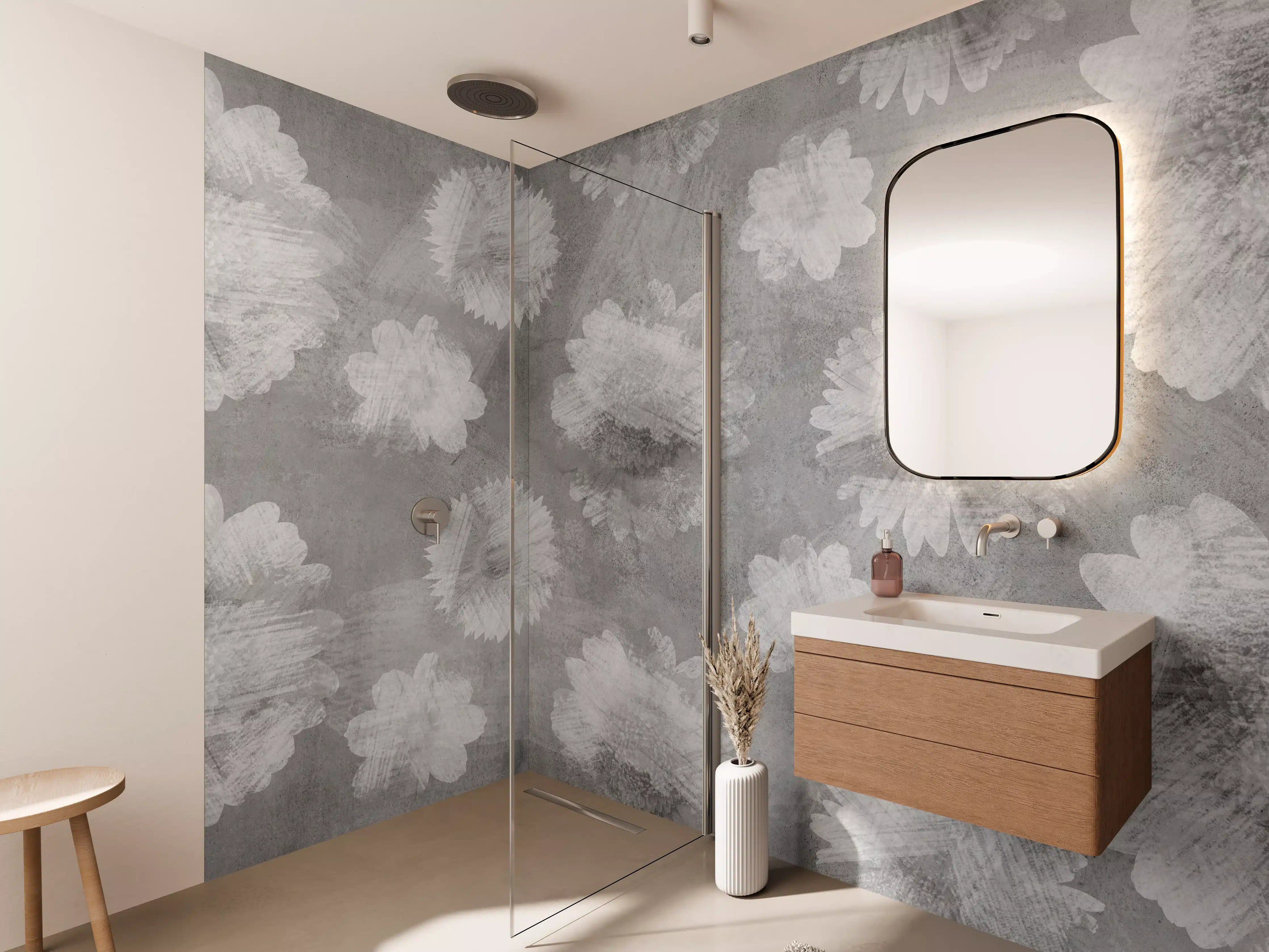 Wandverkleidung Bad - Graue Zement Wand mit weißem Blumenmuster