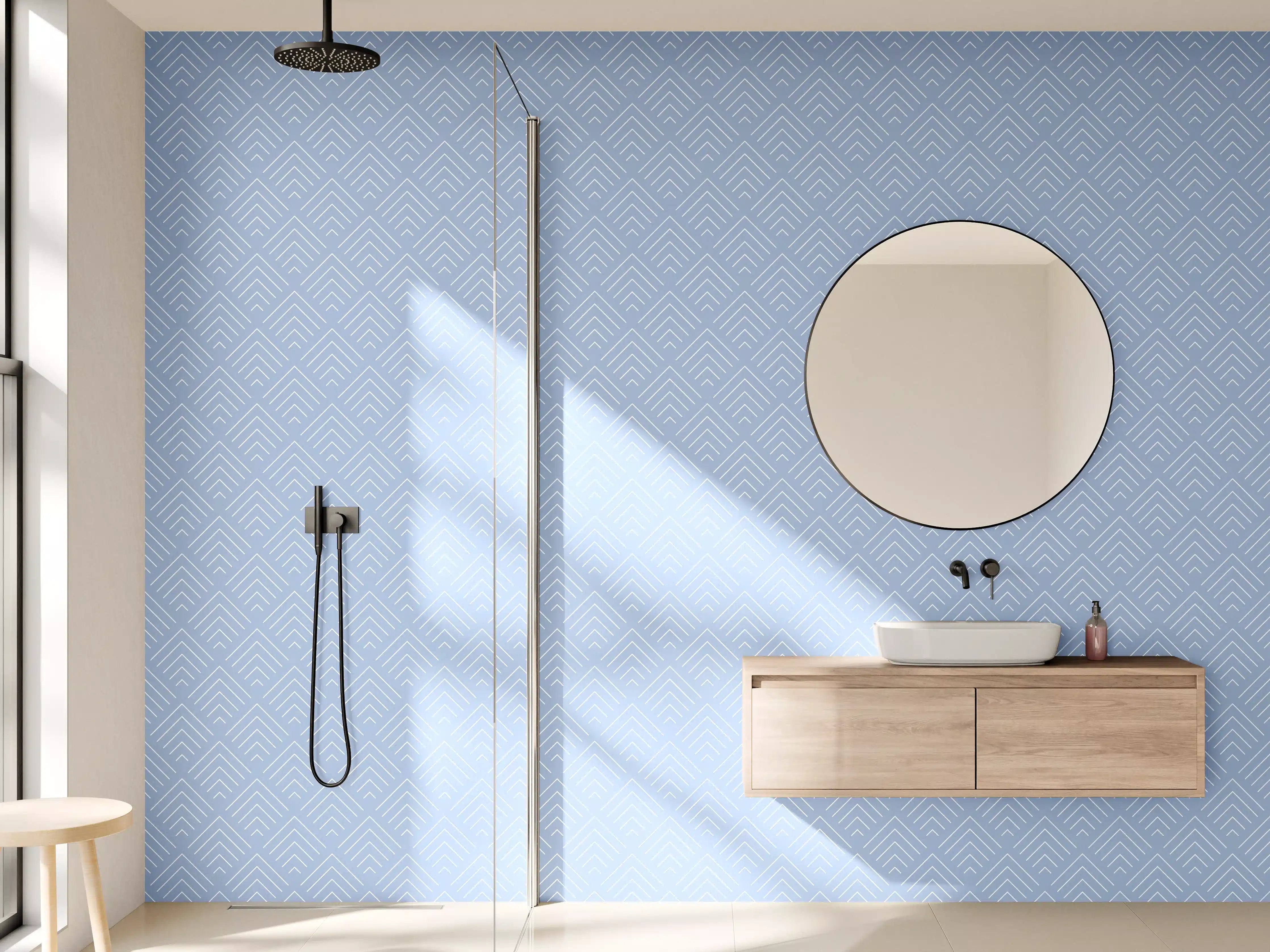Wandverkleidung Bad - Graue, geometrische Muster in Blau