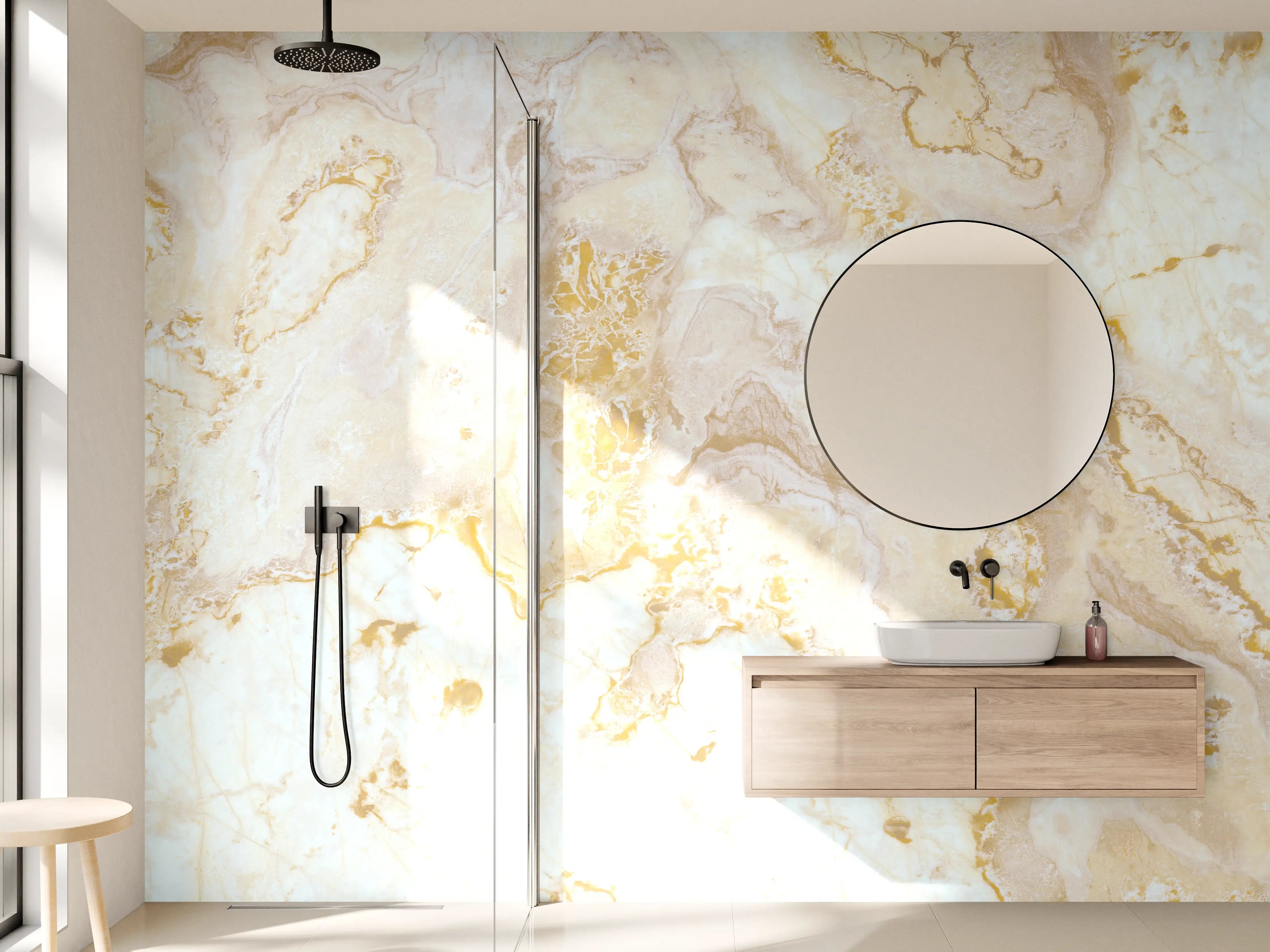 Wandverkleidung Bad - Grauer Marmor mit Gold Akzenten