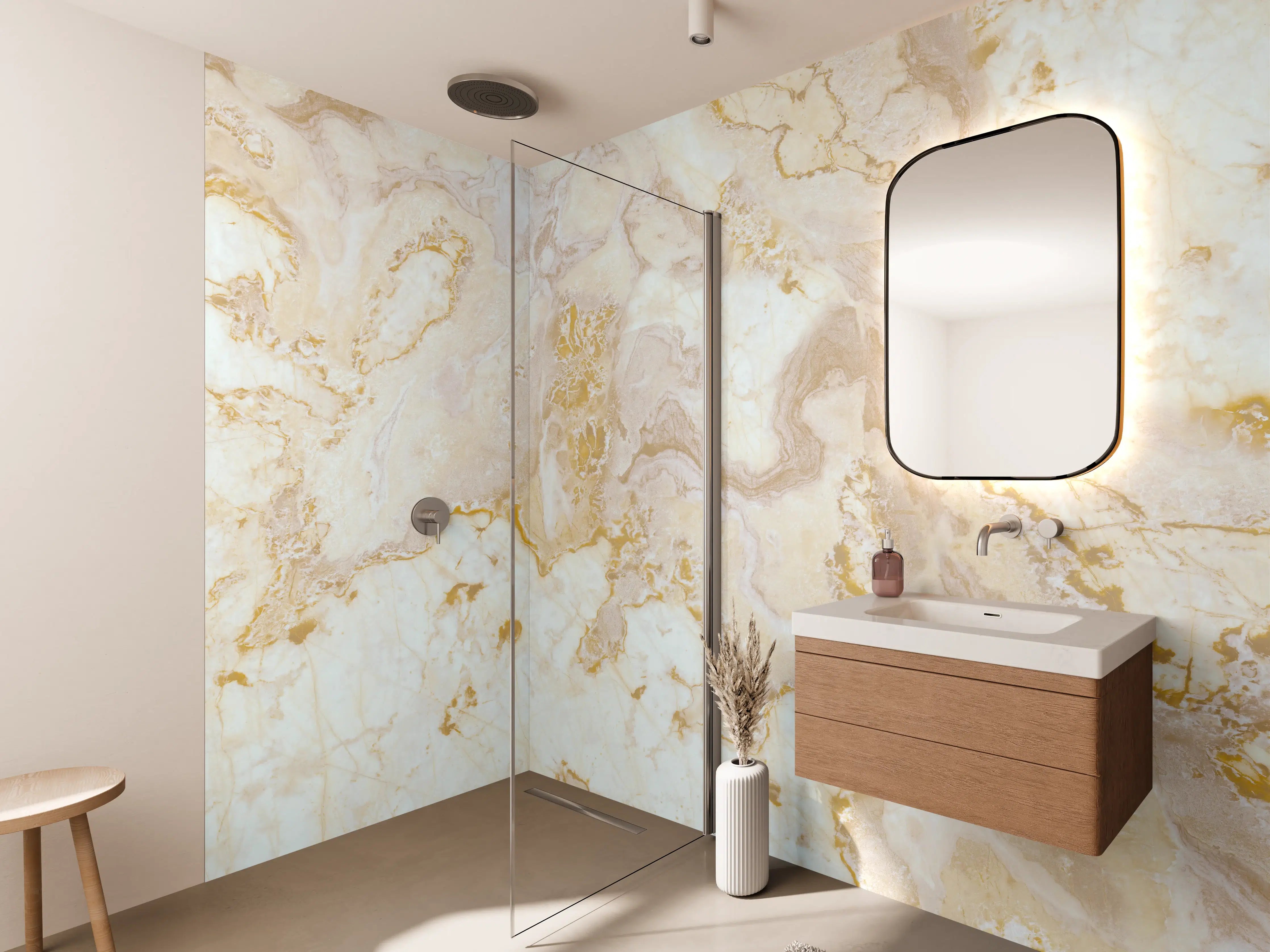 Wandverkleidung Bad - Grauer Marmor mit Gold Akzenten