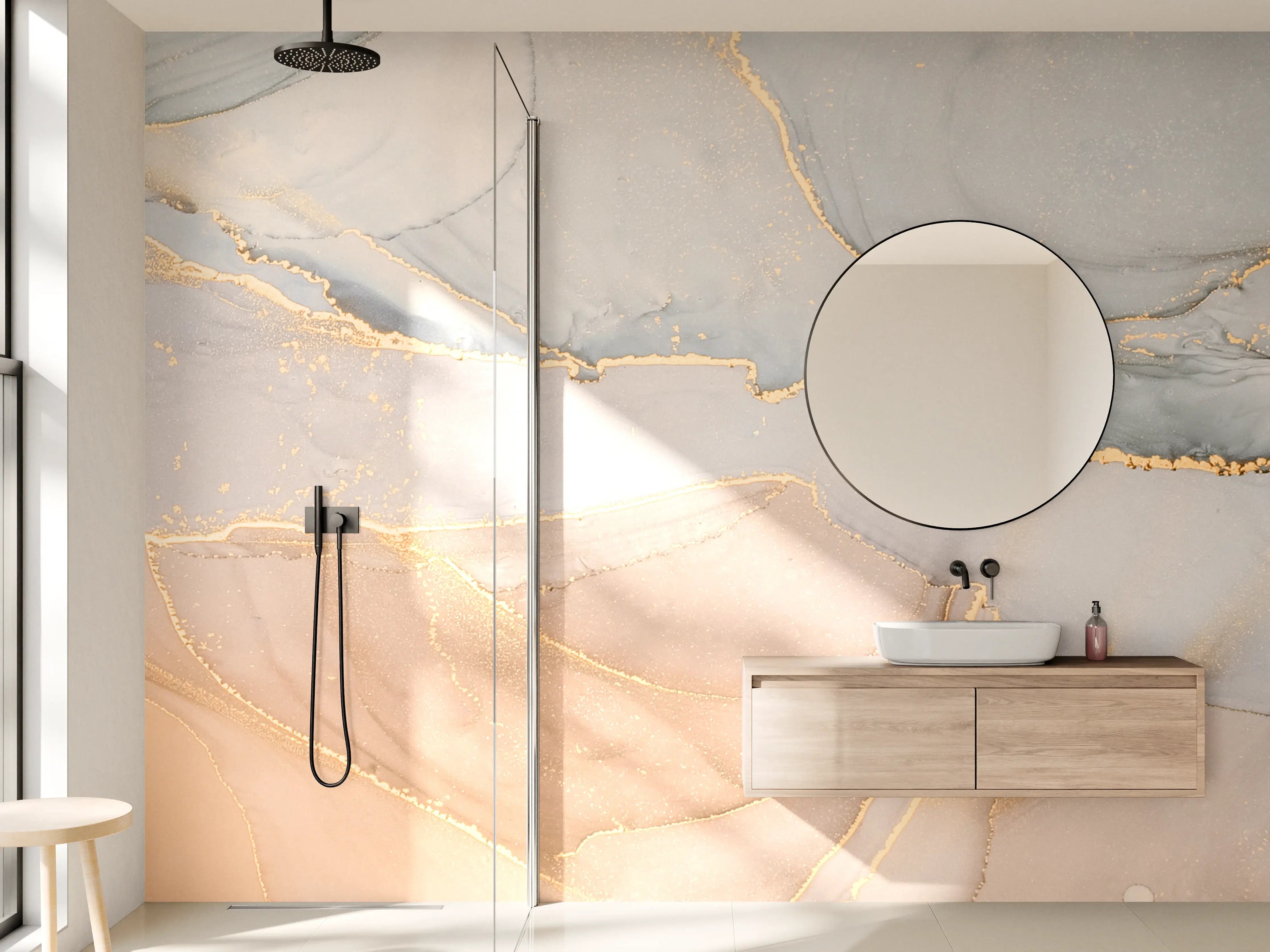 Wandverkleidung Bad - Grauer Marmor mit goldener Eleganz