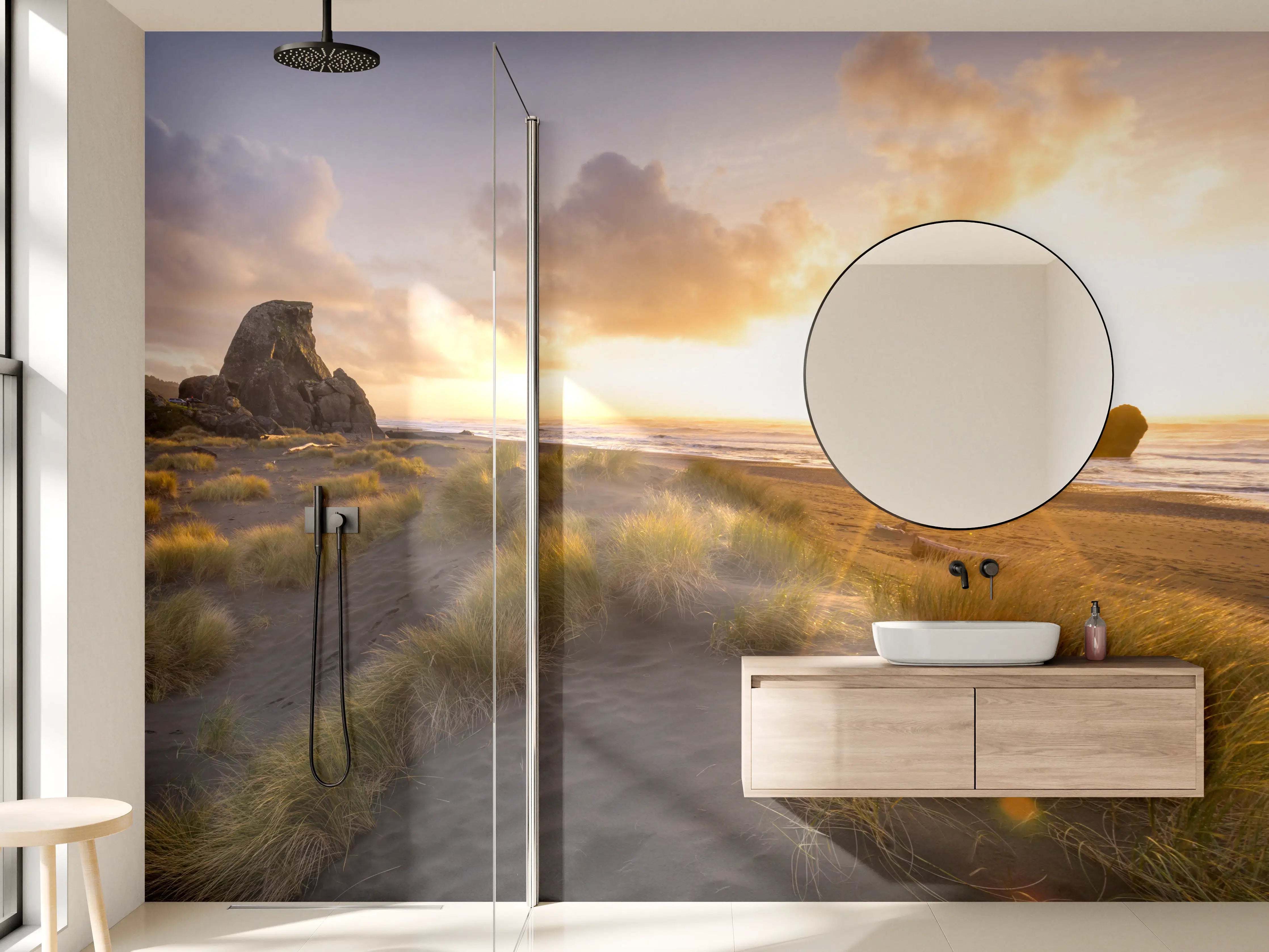 Wandverkleidung Bad - Grauer Sonnenuntergang am Dünenstrand