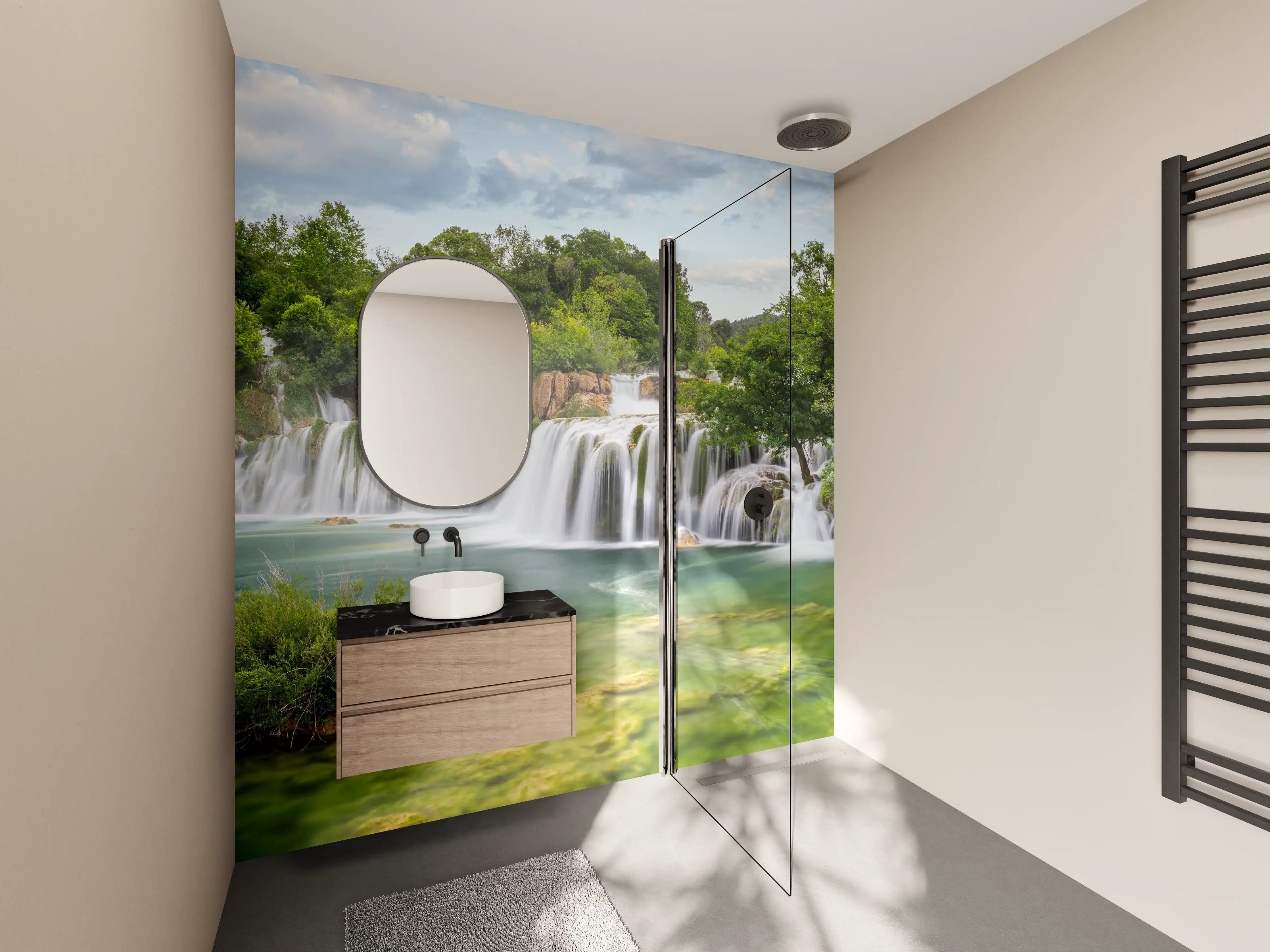 Wandverkleidung Bad - Grauer Wasserfall im Grünwald