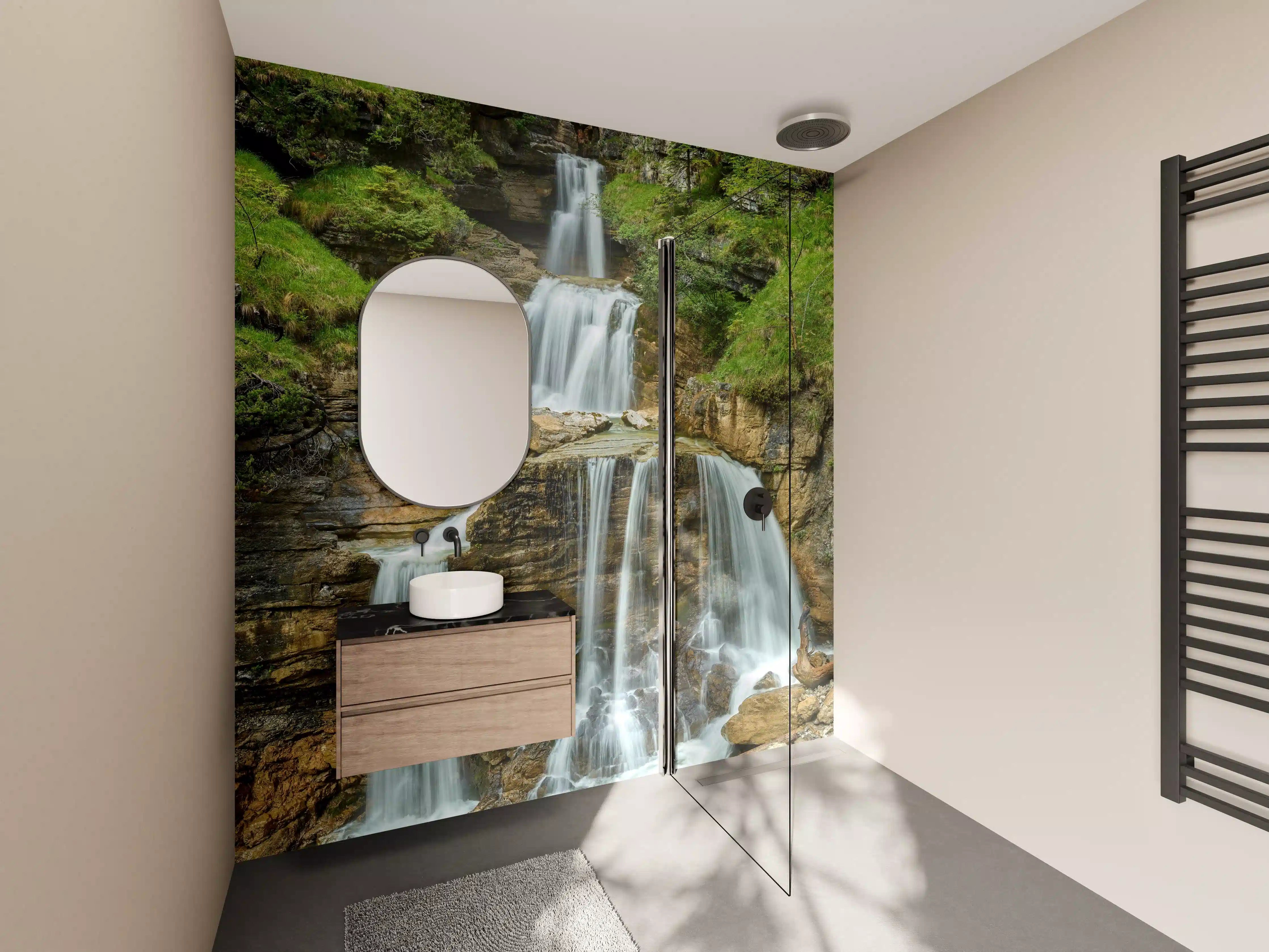 Wandverkleidung Bad - Grauer Wasserfall im grünen Paradies