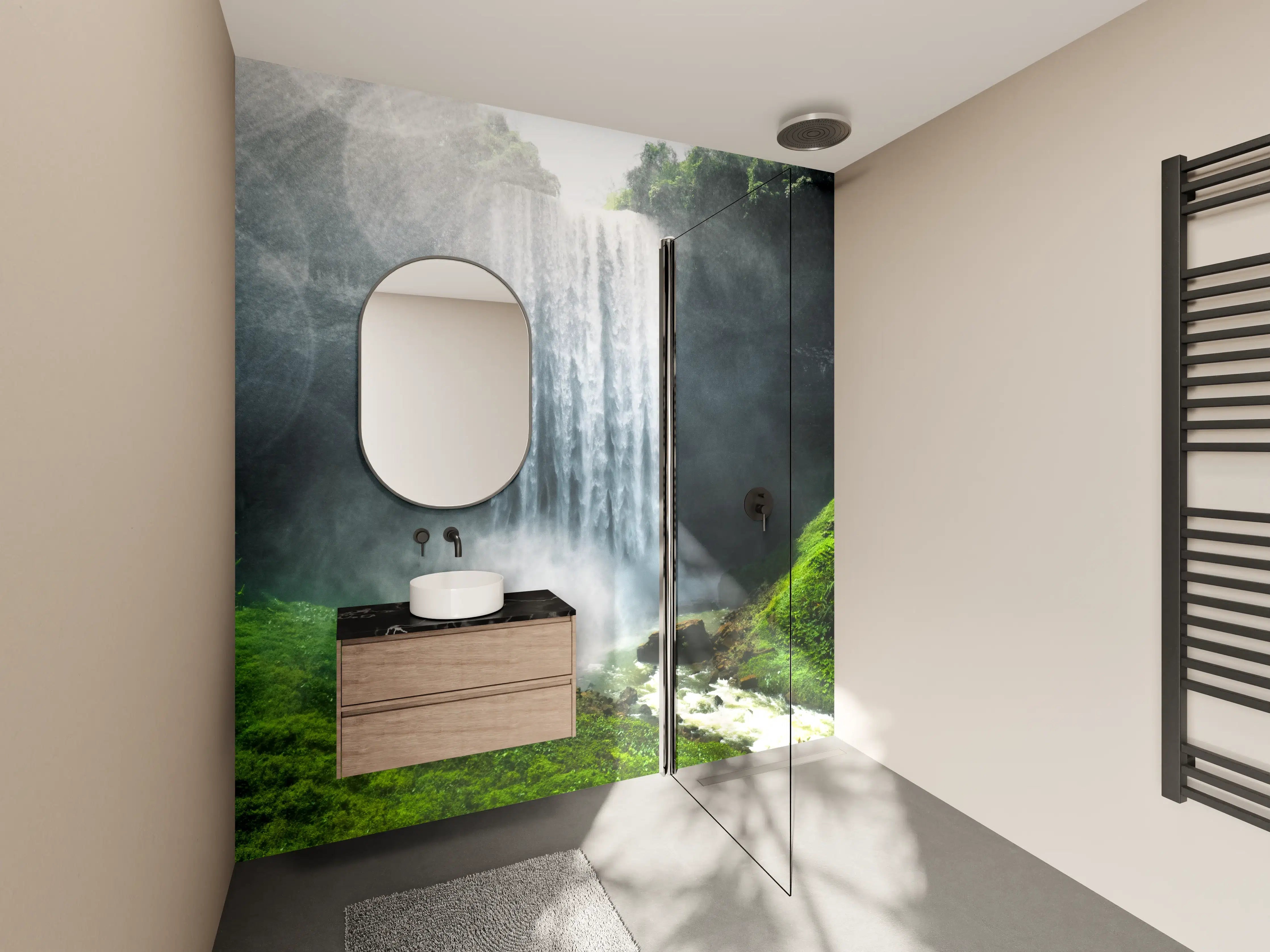 Wandverkleidung Bad - Grauer Wasserfall im grünen Wald