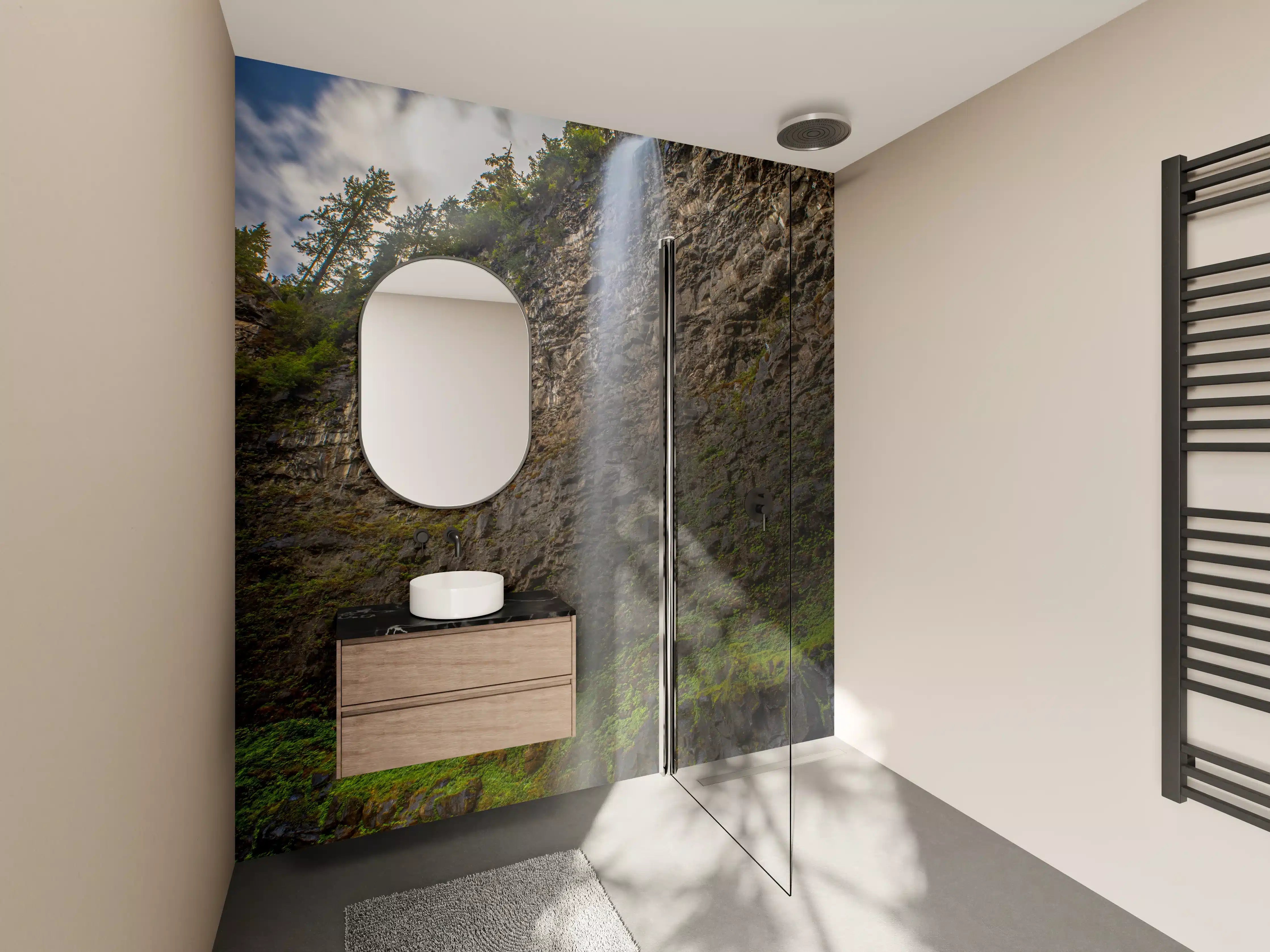 Wandverkleidung Bad - Grauer Wasserfall in natürlicher Pracht