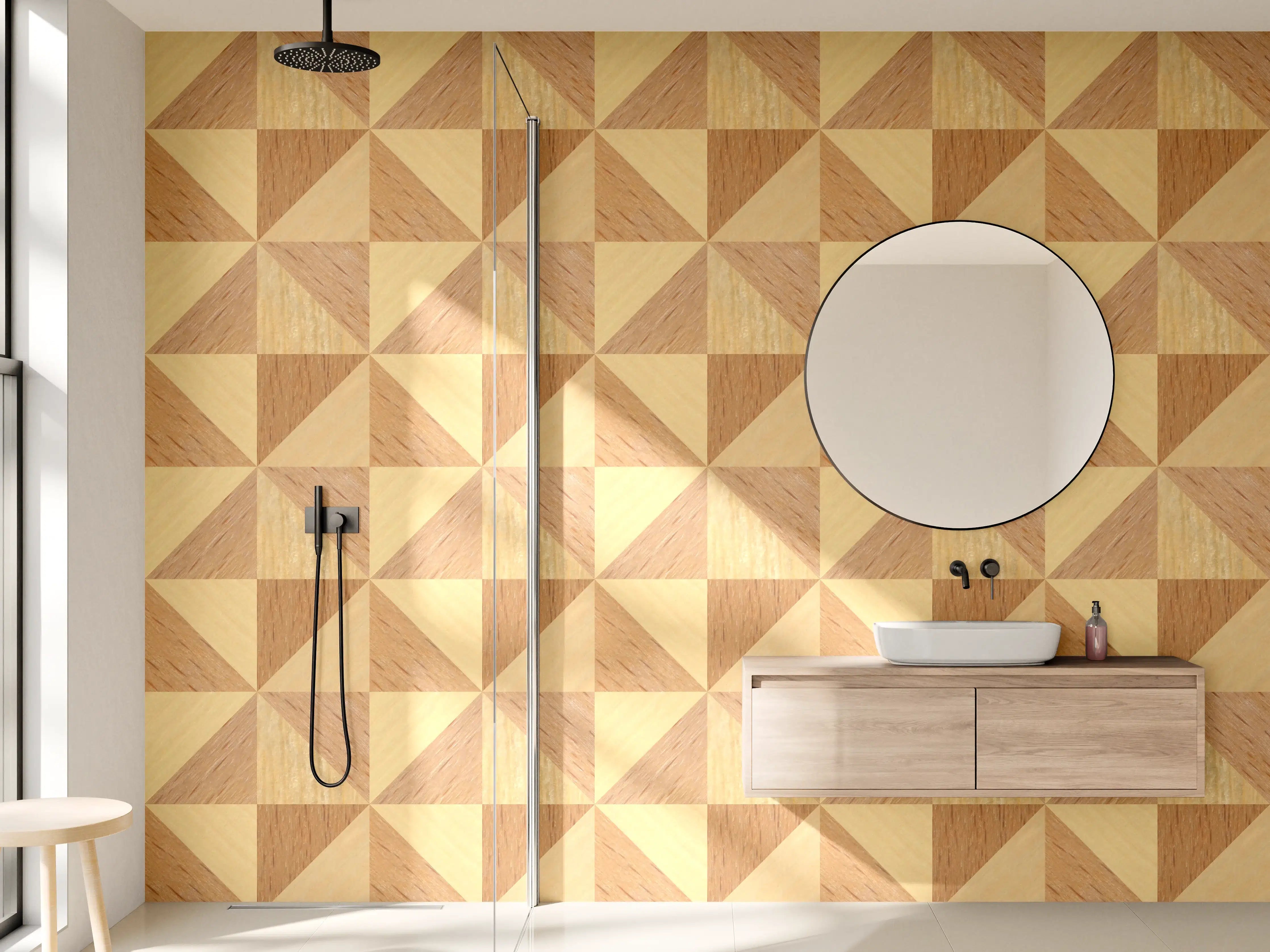 Wandverkleidung Bad - Graues Holzmuster mit geometrischer Eleganz