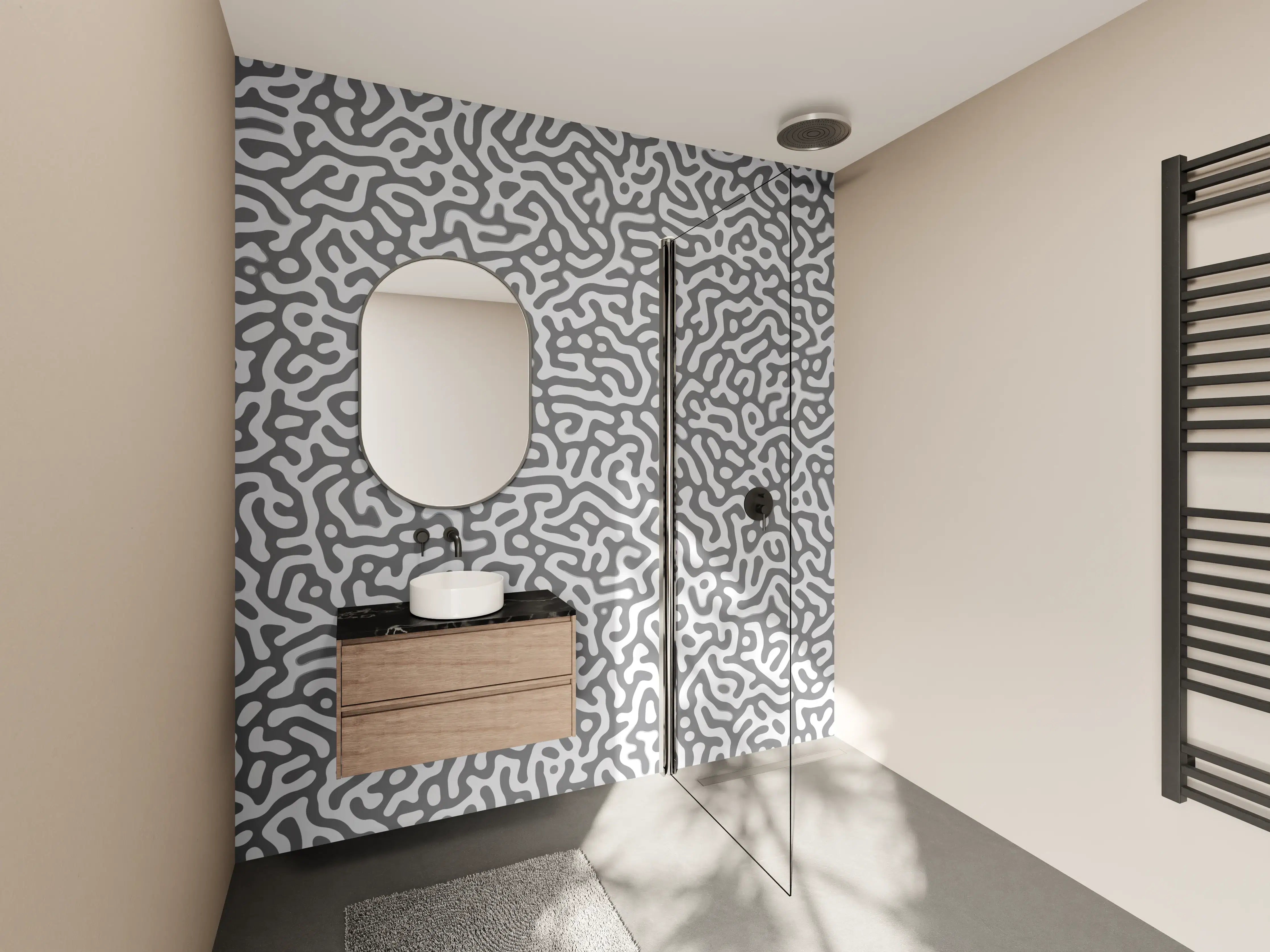 Wandverkleidung Bad - Graues Labyrinth-Design mit komplexen Mustern