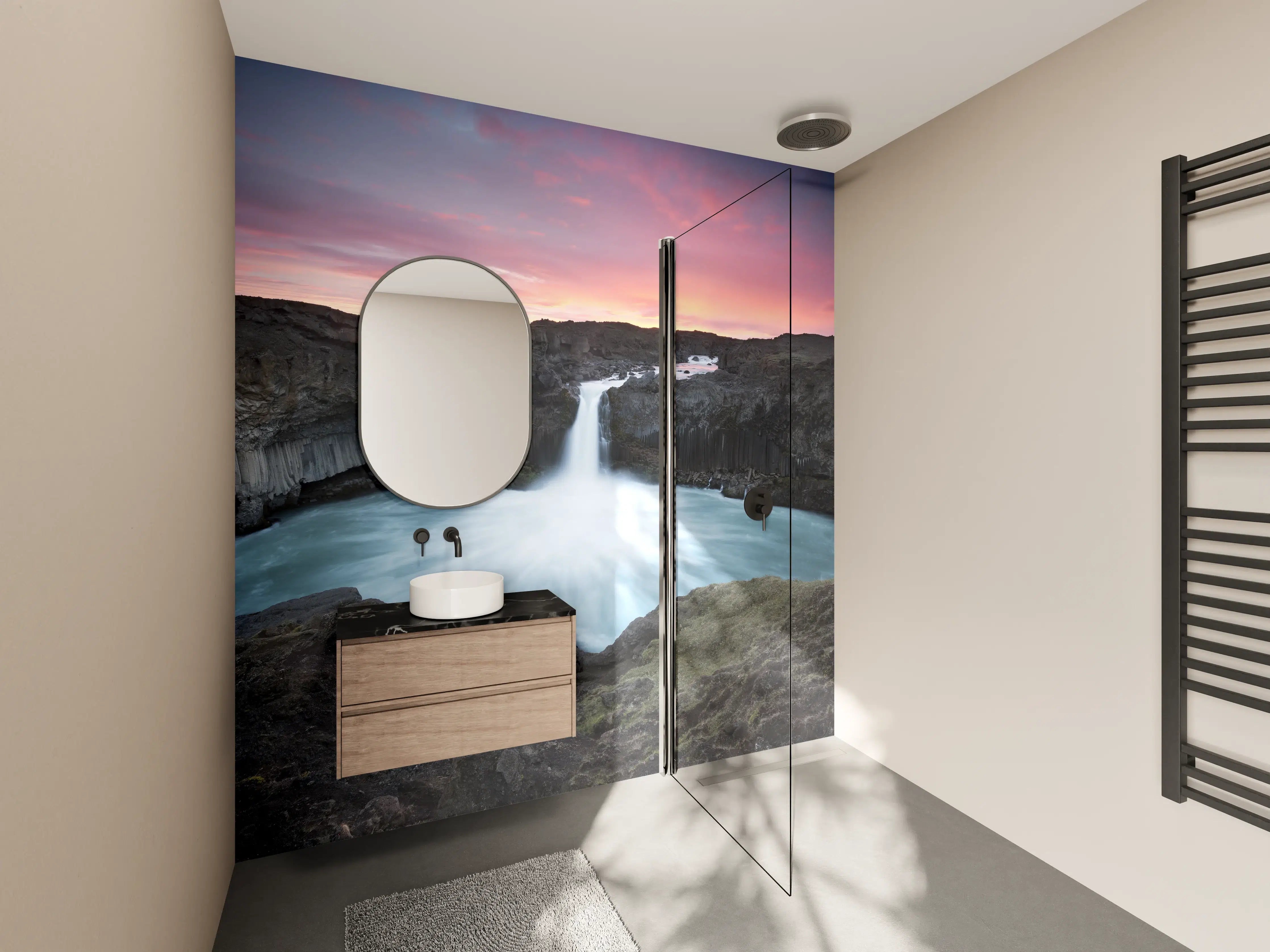 Wandverkleidung Bad - Graues Wasserfall im Abendlicht