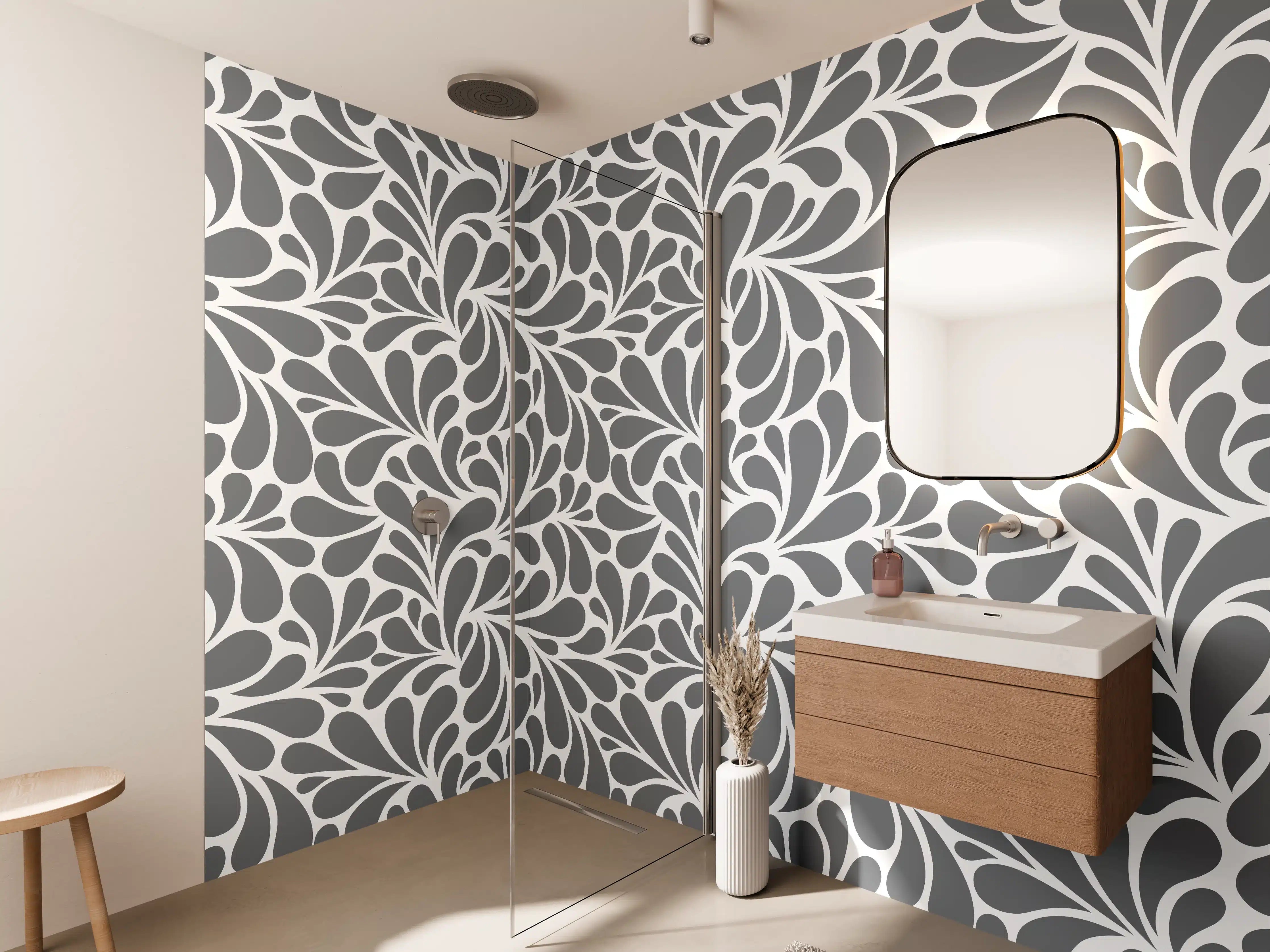 Wandverkleidung Bad - Graues und Weißes Blattmuster