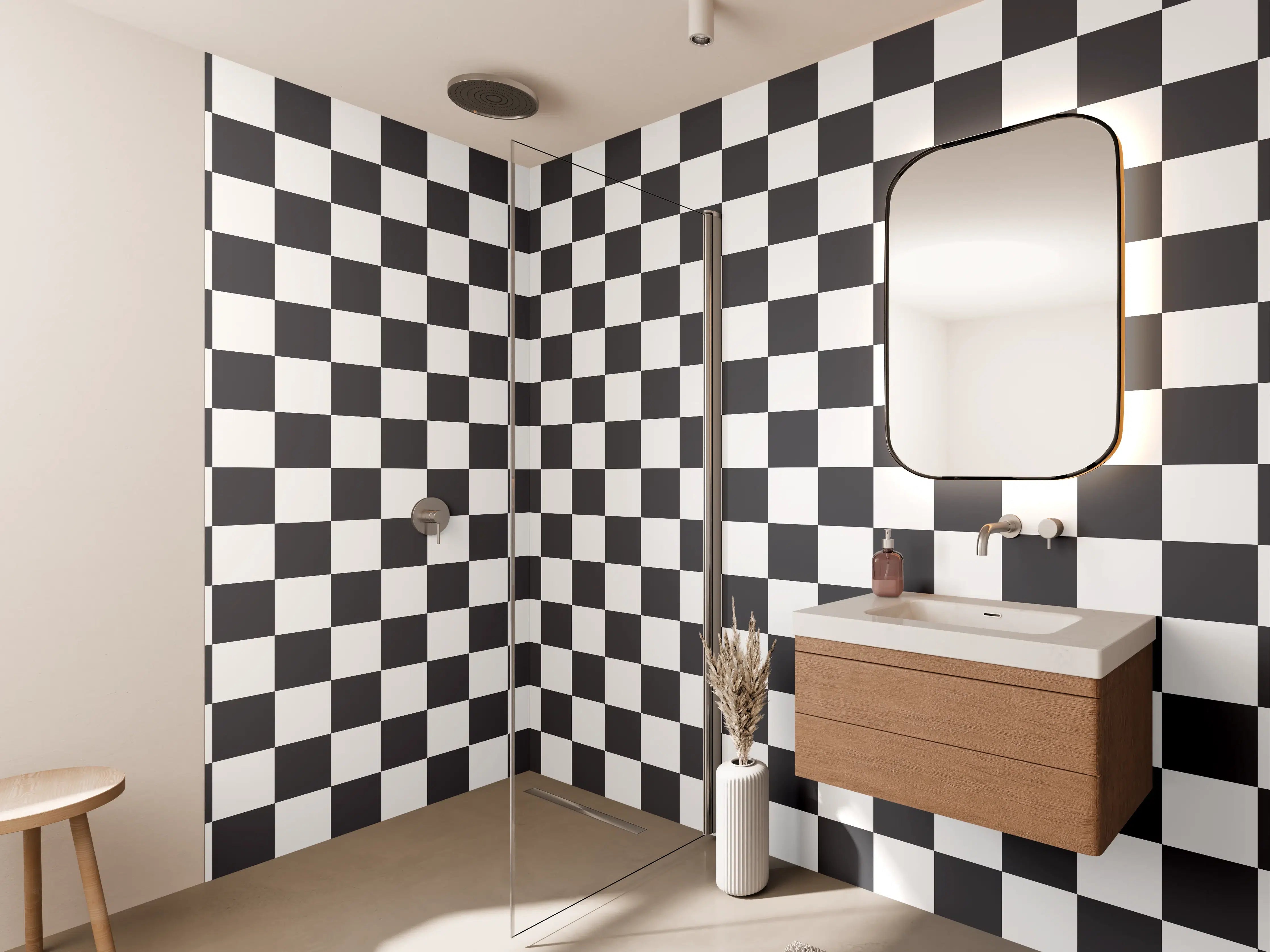 Wandverkleidung Bad - Graufarbene geometrische Musterwand